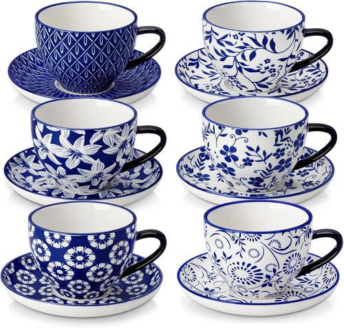 Espresso Cup & Saucer Set of 6 Blue White Porcelain Coffee Tea 240ml