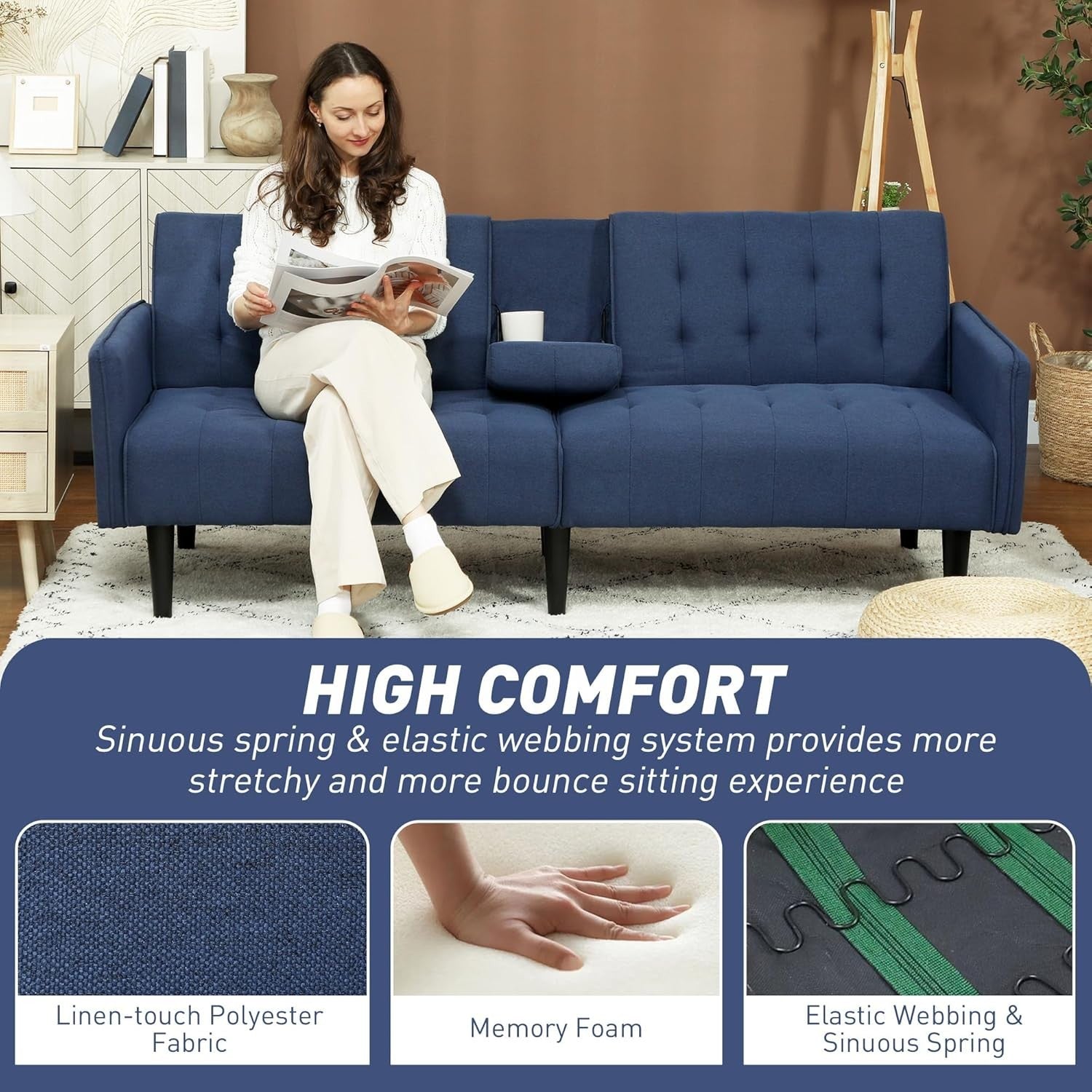 Click Clack Sofa Bed 3 Seater Dark Blue Linen Couch w/ Cup Holders
