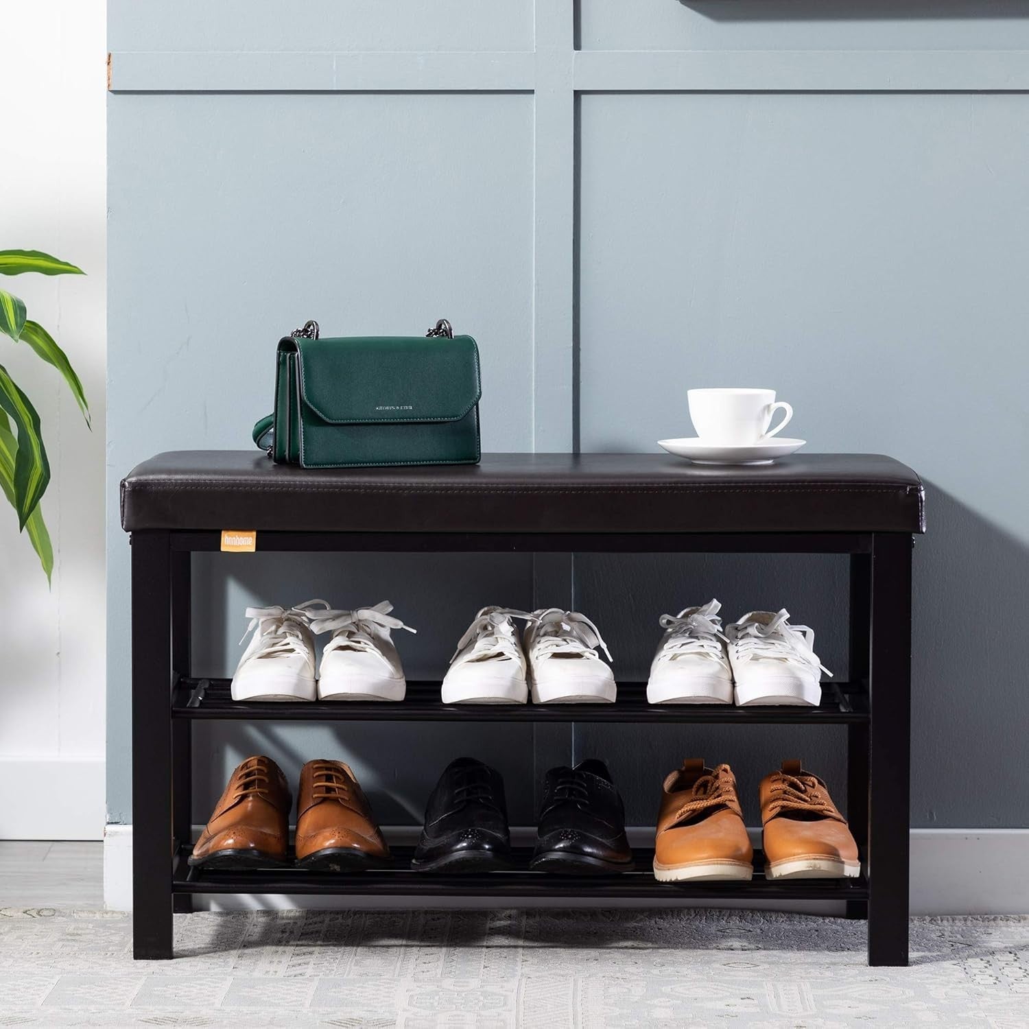 Black Faux Leather Shoe Storage Bench – 3-Tier Industrial Entryway Seat