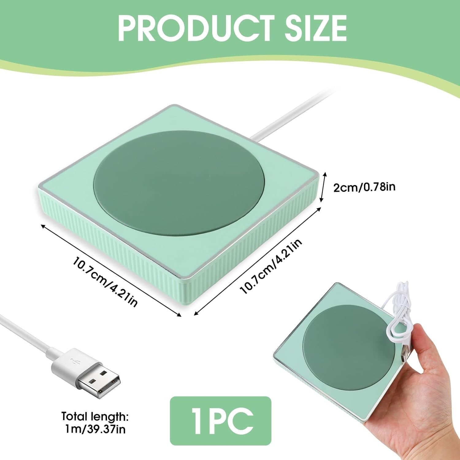 Light Cedar Green USB Coffee Mug Warmer 55°C Desk Heater