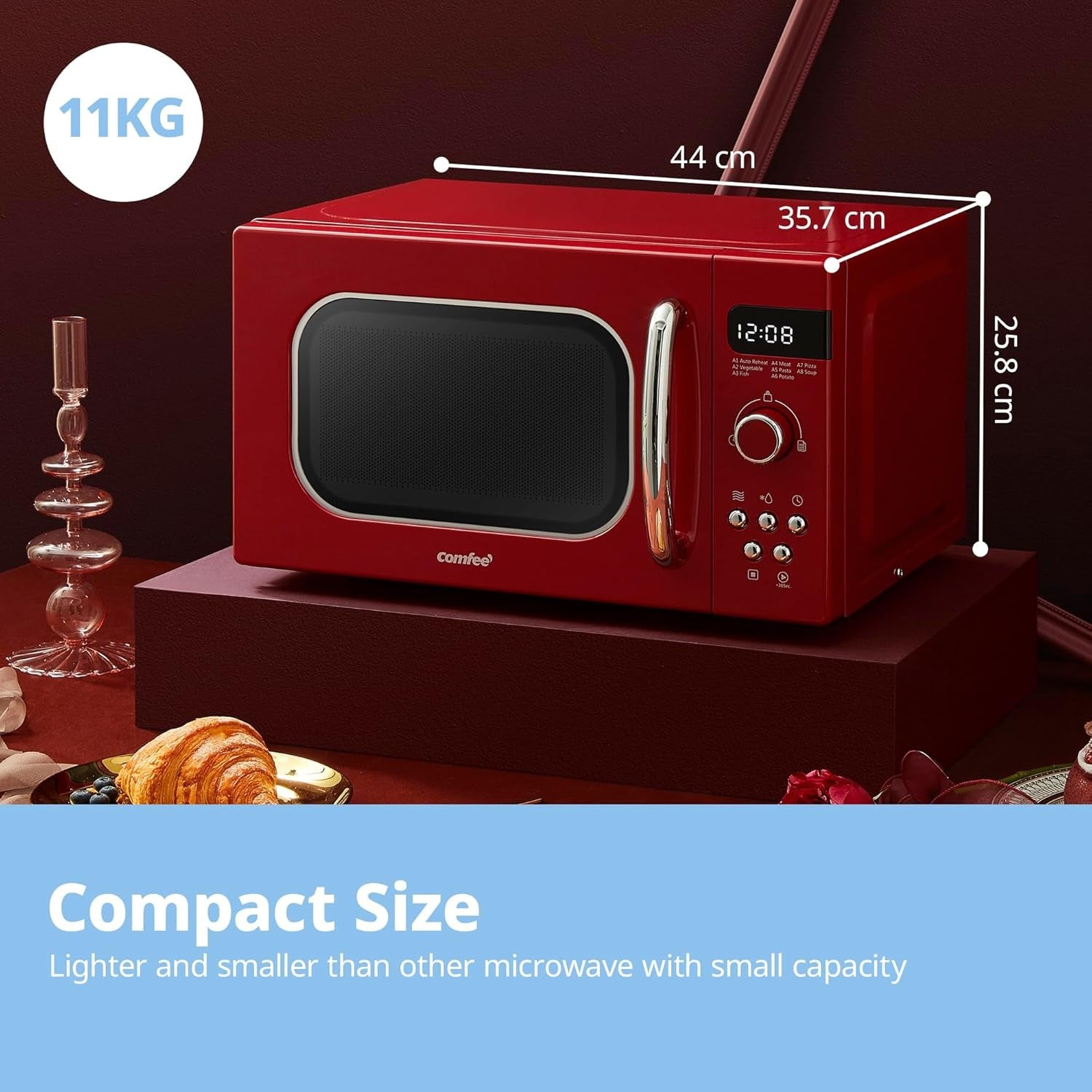 20L 800W Retro Microwave Oven 8 Auto Menus 5 Power Levels Red