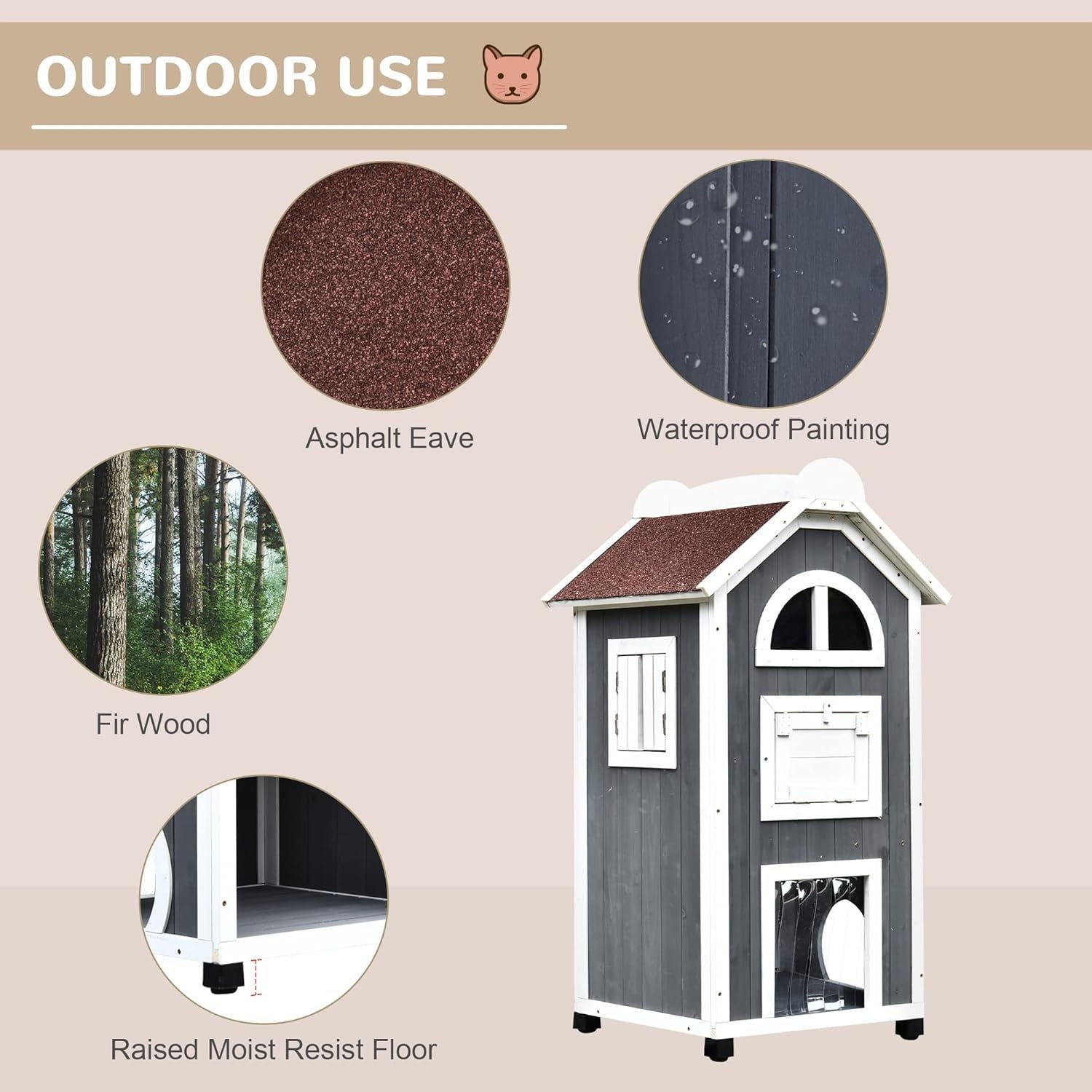 Outdoor Wooden Cat House 2-Floor Condo with Stairs & Weatherproof Roof