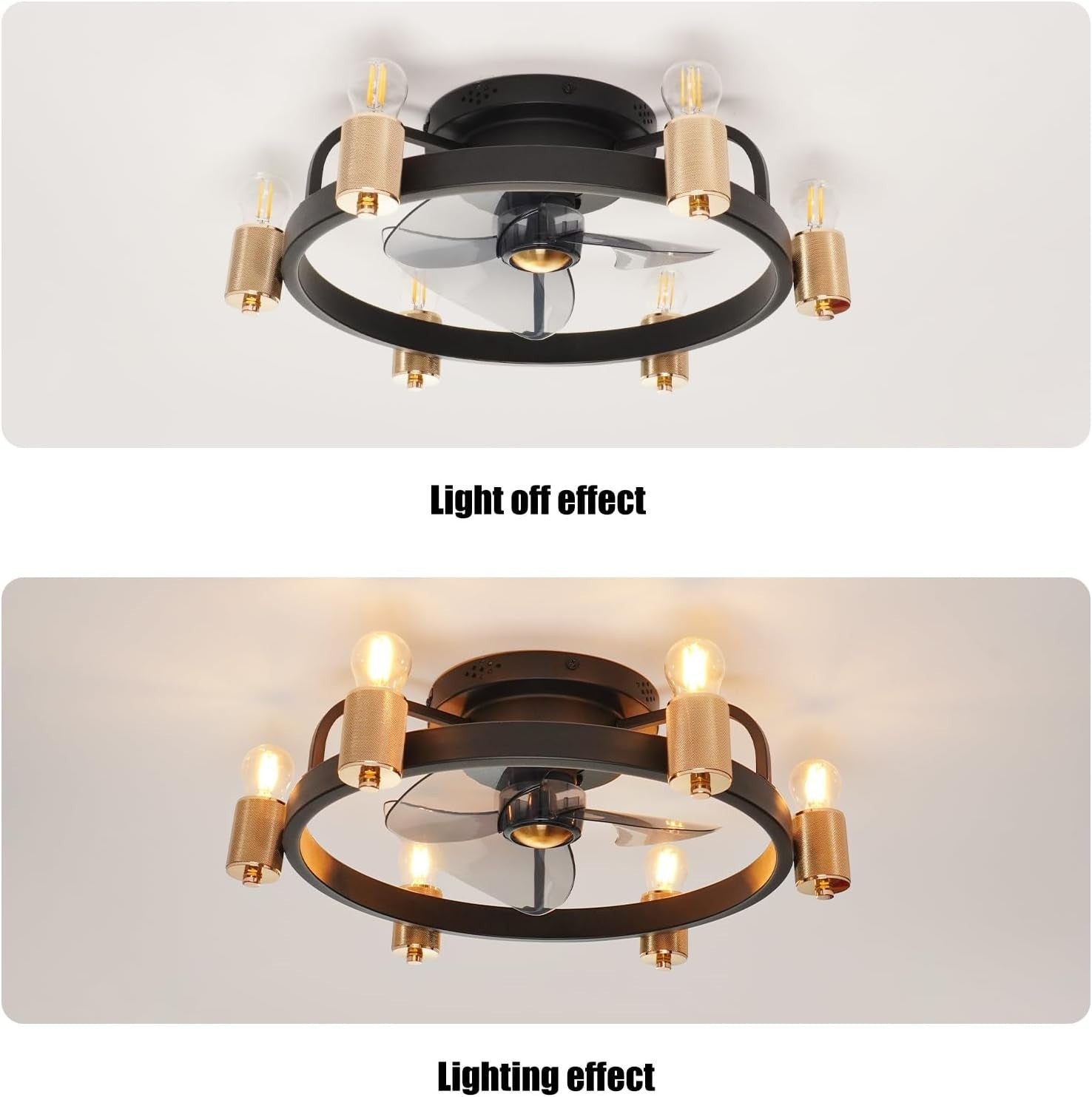 ZHXINASHU Retro 3-Blade Ceiling Fan with Light & Remote, Gold, E27