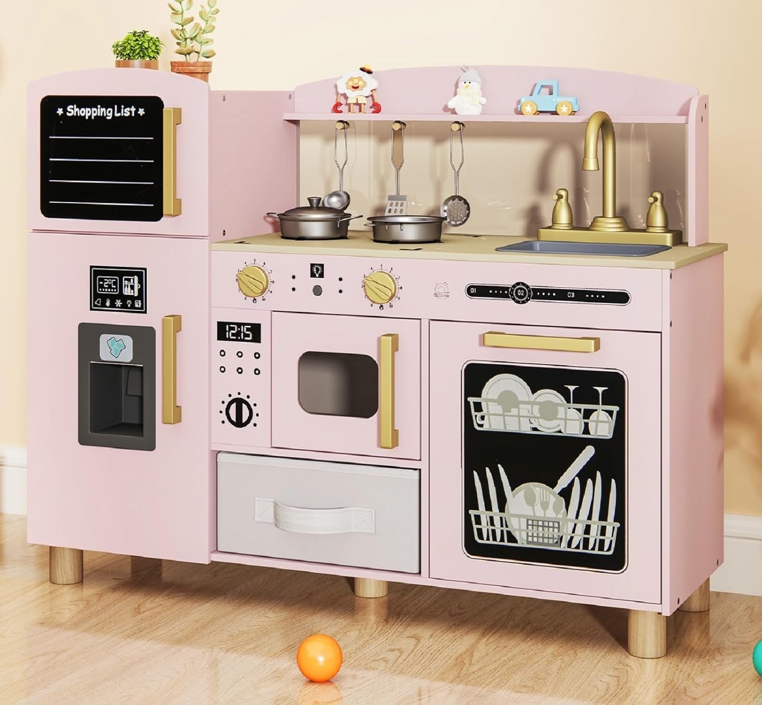 Wooden Kids Play Kitchen Pink Ice Maker Dishwasher Toy Set