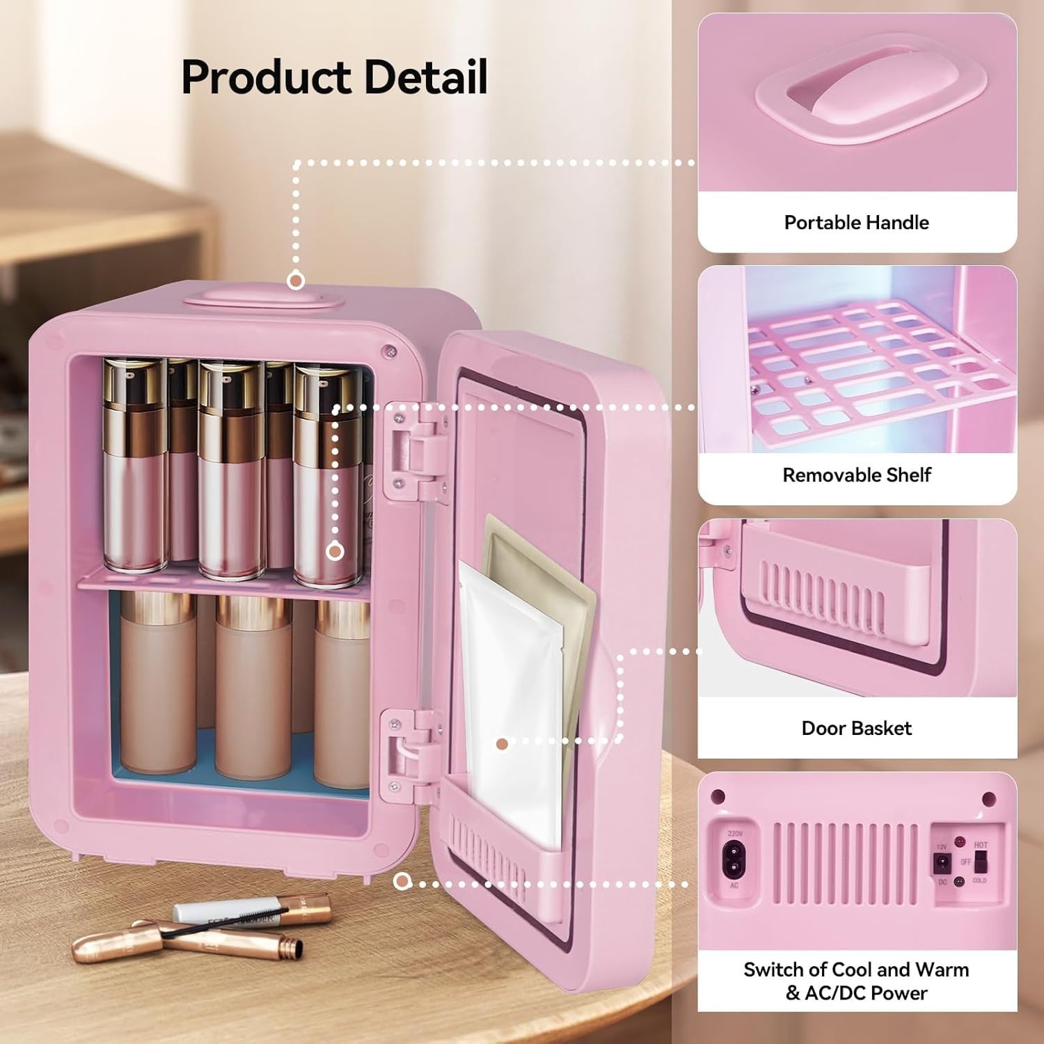 8L Portable Mini Skincare Fridge Cooler & Warmer LED Mirror AC/DC Pink