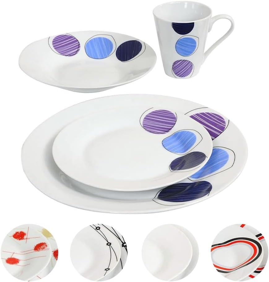 16pc Porcelain Dinner Set Plates Bowls Mugs Blue Purple Microwave Safe