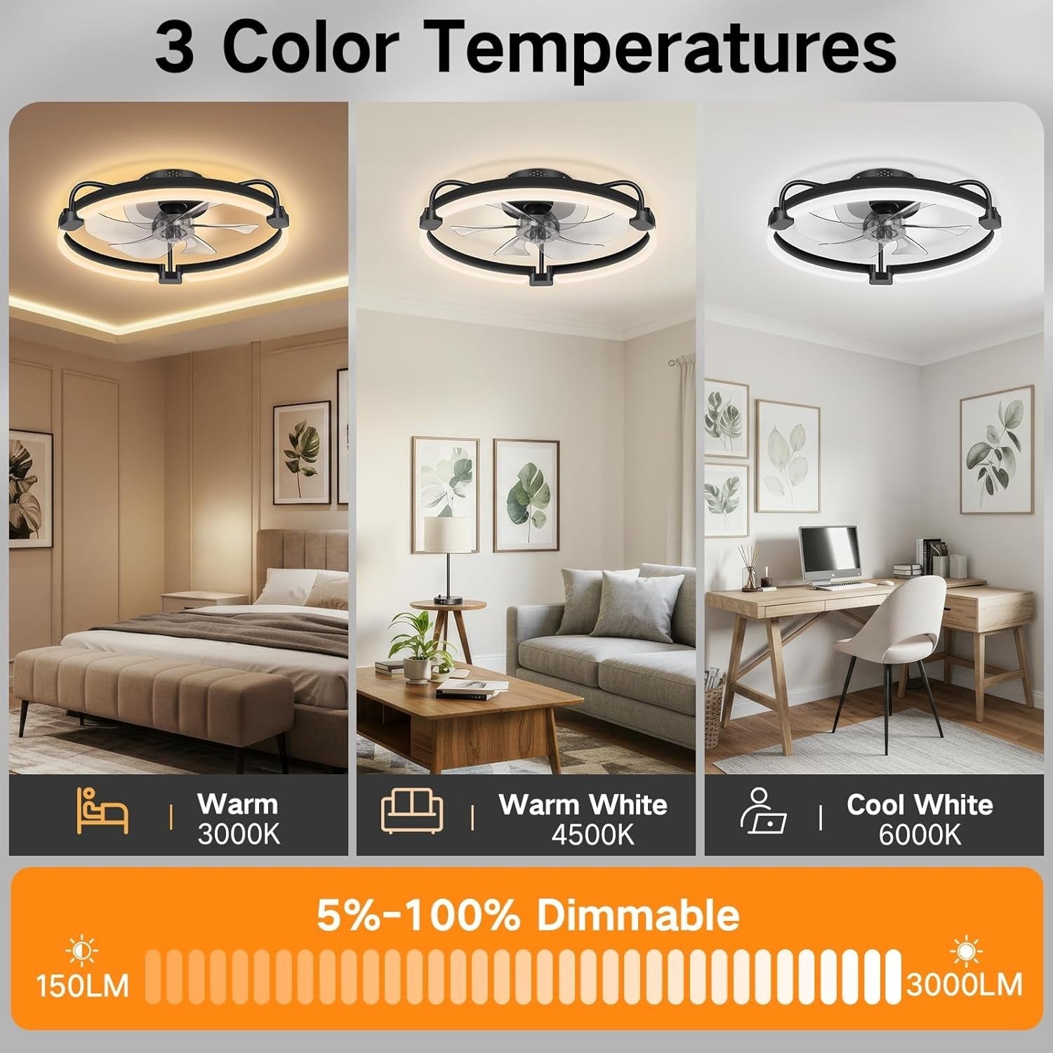 50CM Ceiling Fan with Light, 6-Speed, Remote, Reversible, Black, LED