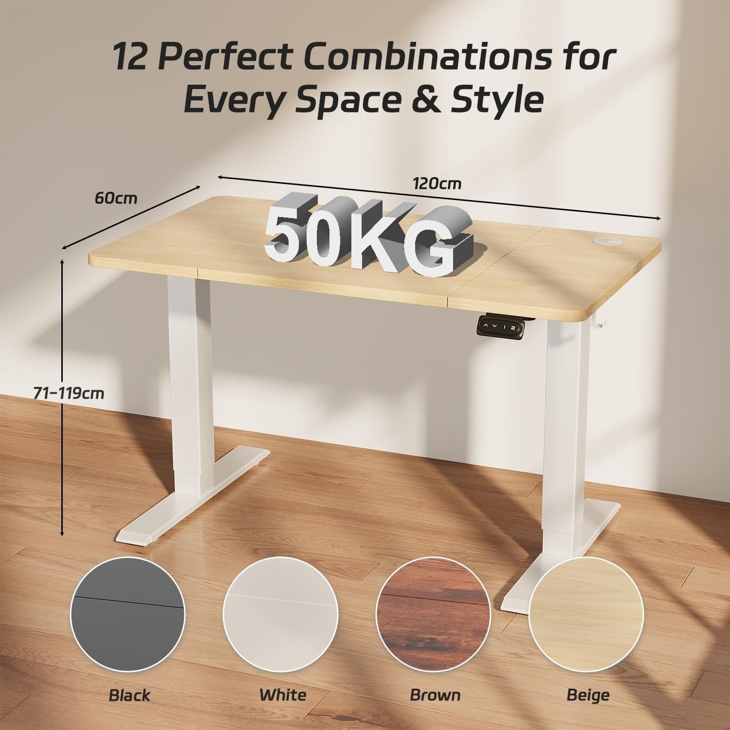 Electric Standing Desk 120x60cm Adjustable Beige Sit Stand Table with Memory