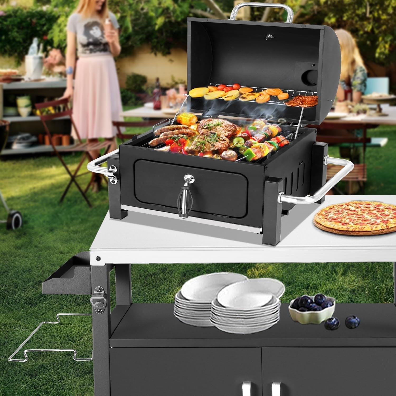Portable Charcoal BBQ Grill with Chimney Lid & Thermometer for Camping & Patios