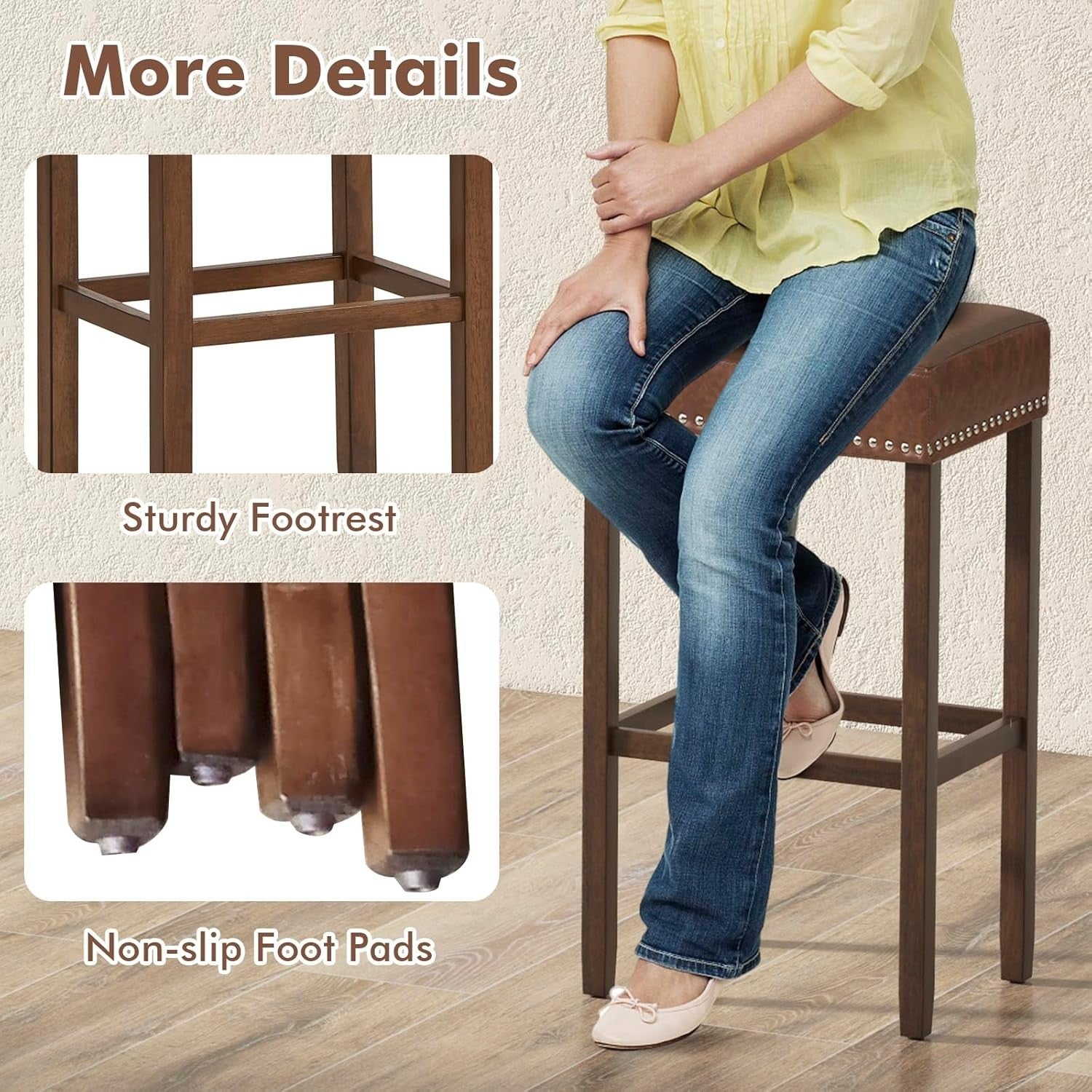 Brown Saddle Bar Stools Set of 2 – Solid Wood Counter Chairs