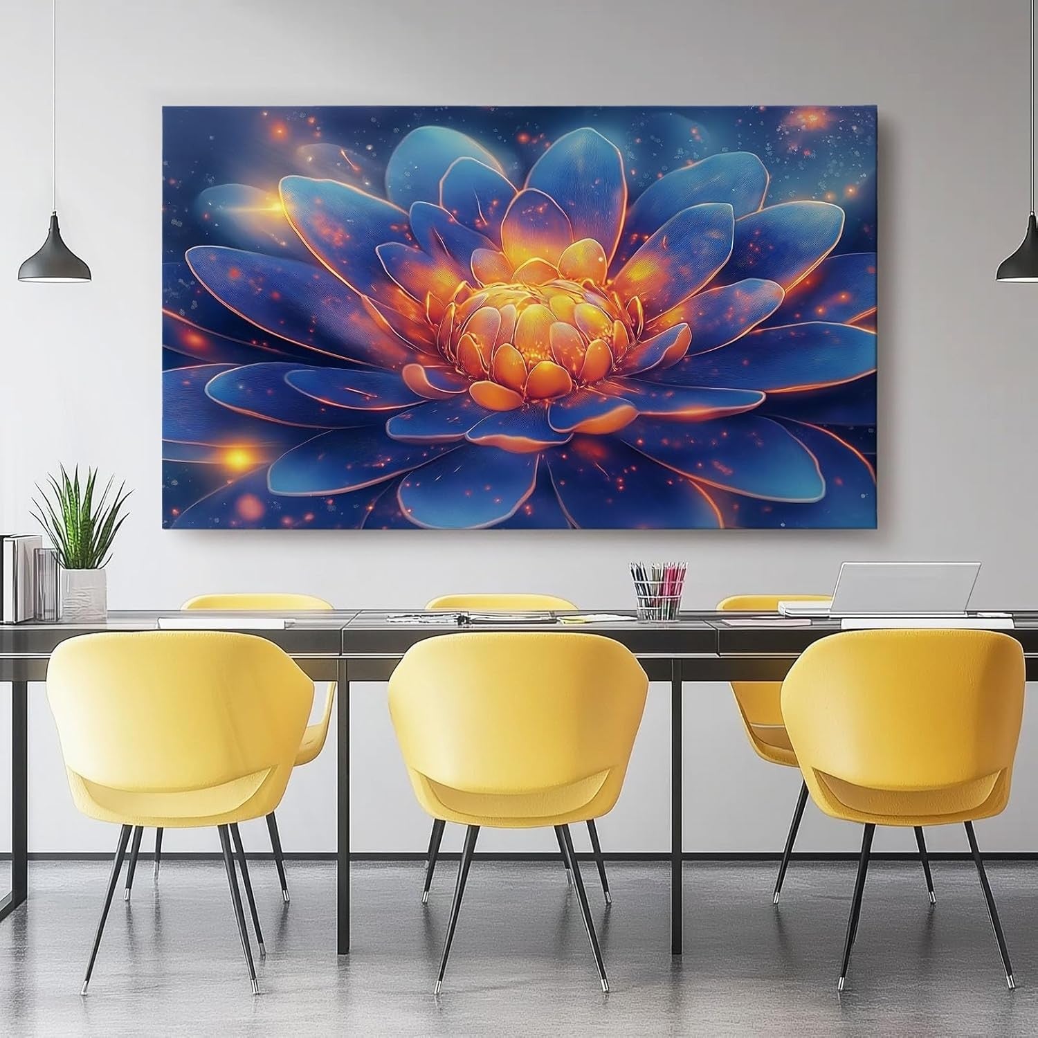 Extra Large Blue Orange Lotus Canvas Wall Art 100x50cm