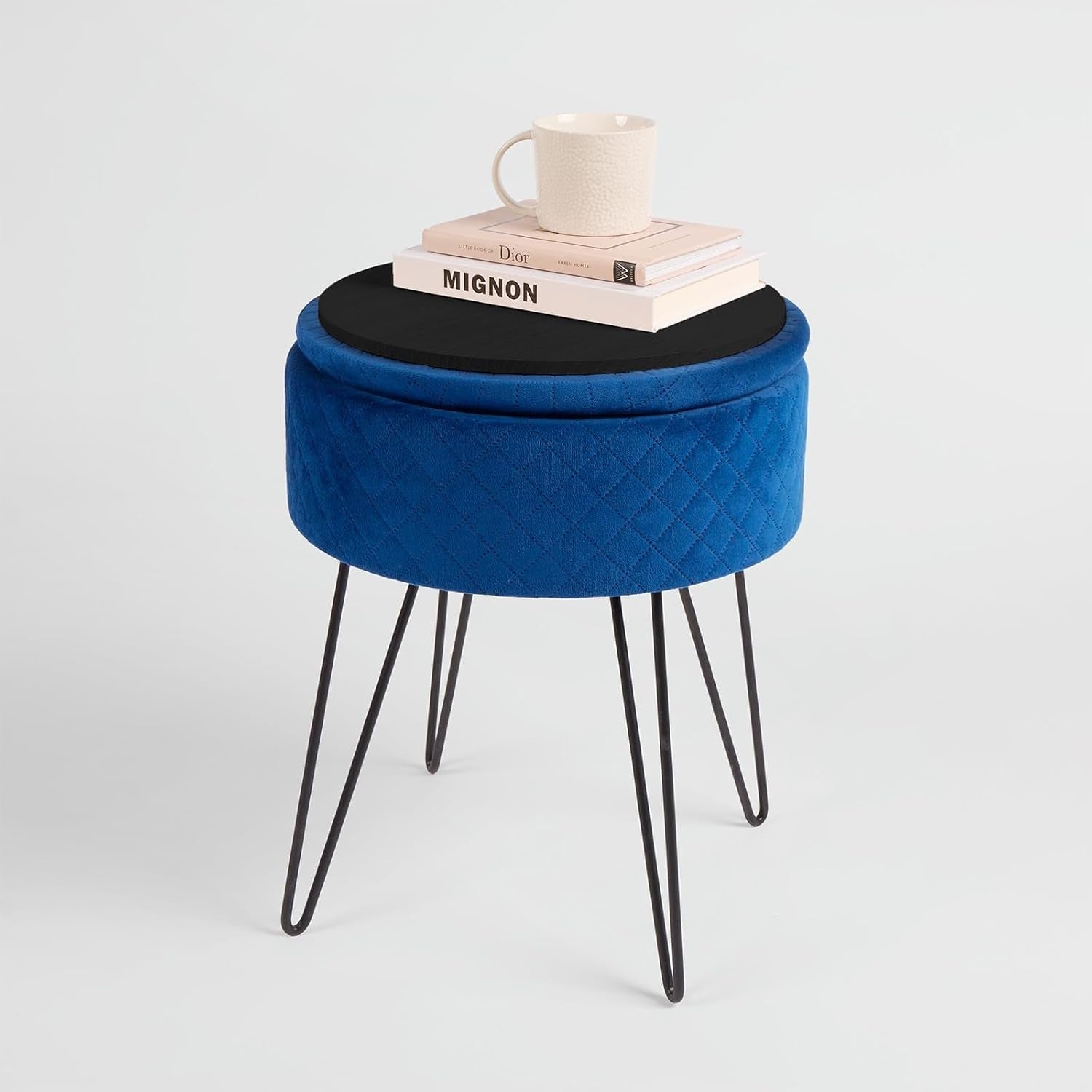 Navy Velvet Storage Stool Round Quilted Footrest Hairpin Leg Vanity Seat
