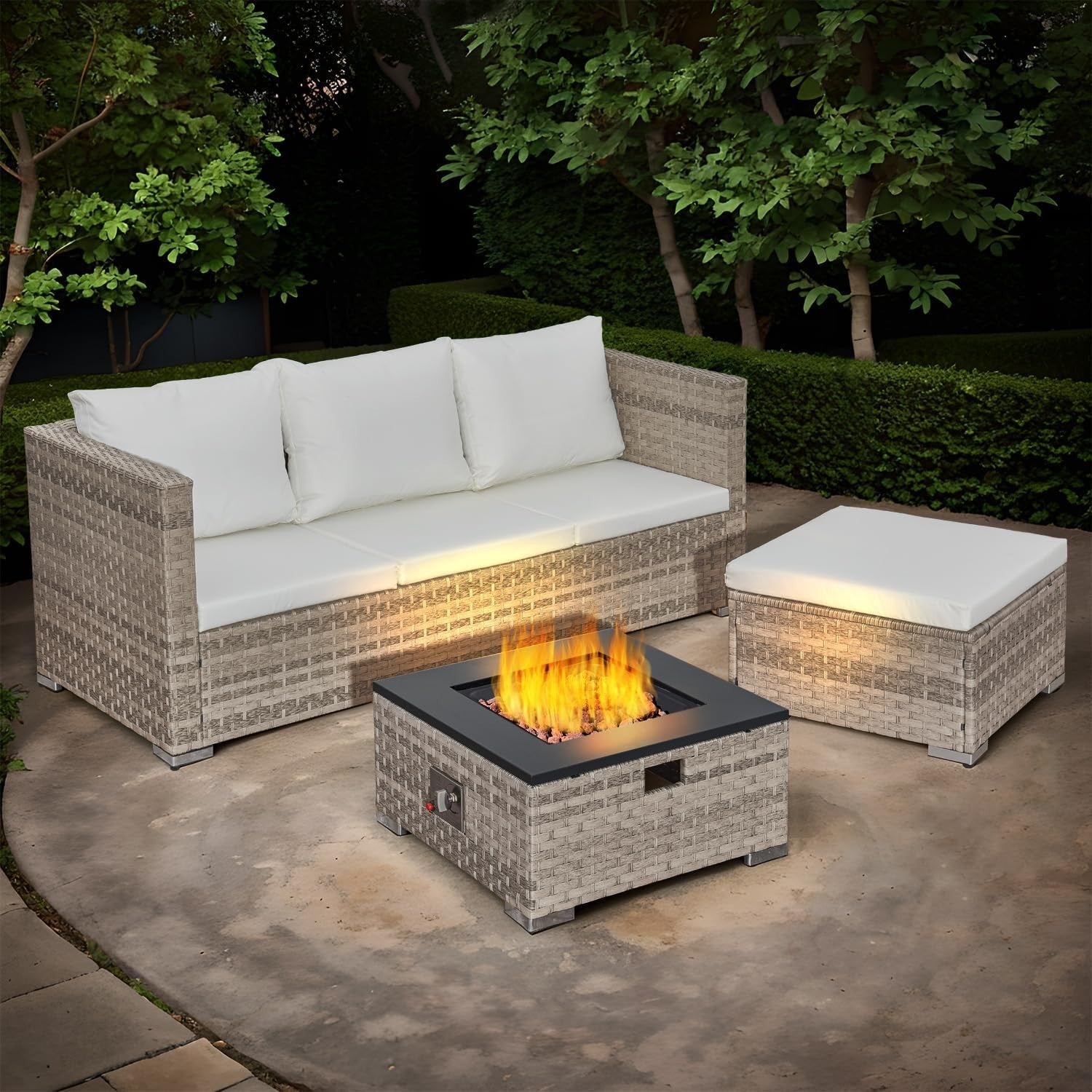 Outdoor 3-Piece Rattan Patio Fire Pit Set with Cushions & 40,000 BTU Table