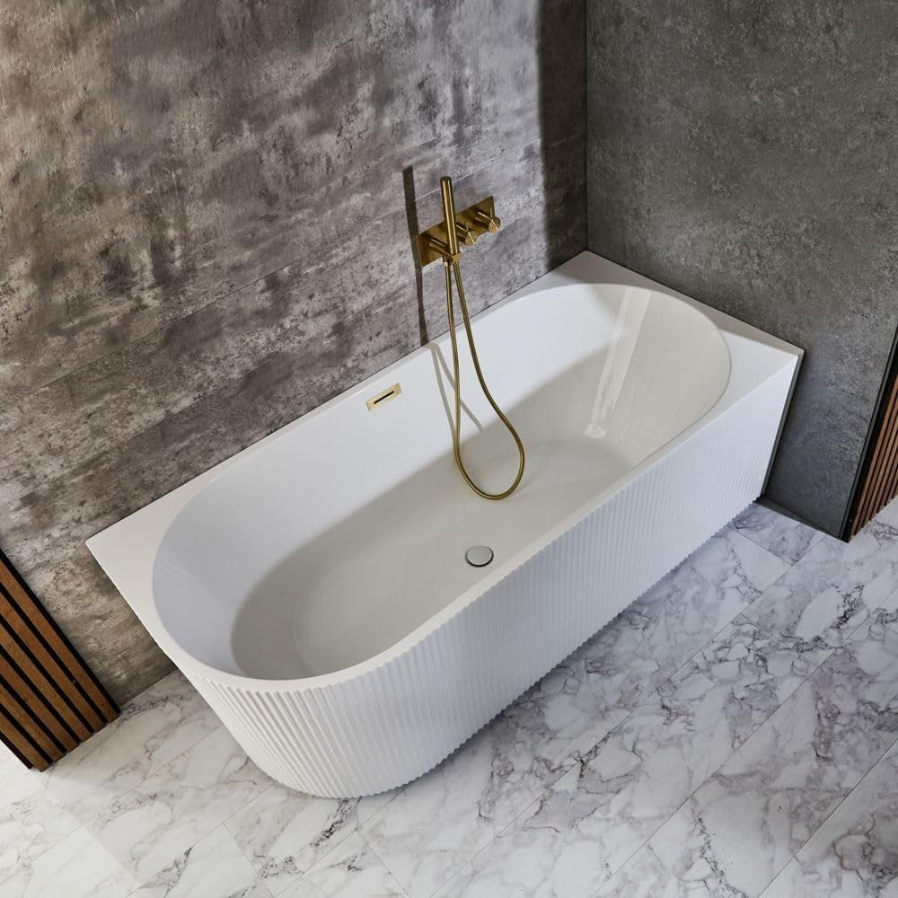 White Right Hand Fluted Corner Bath 1700x800mm Brass Overflow