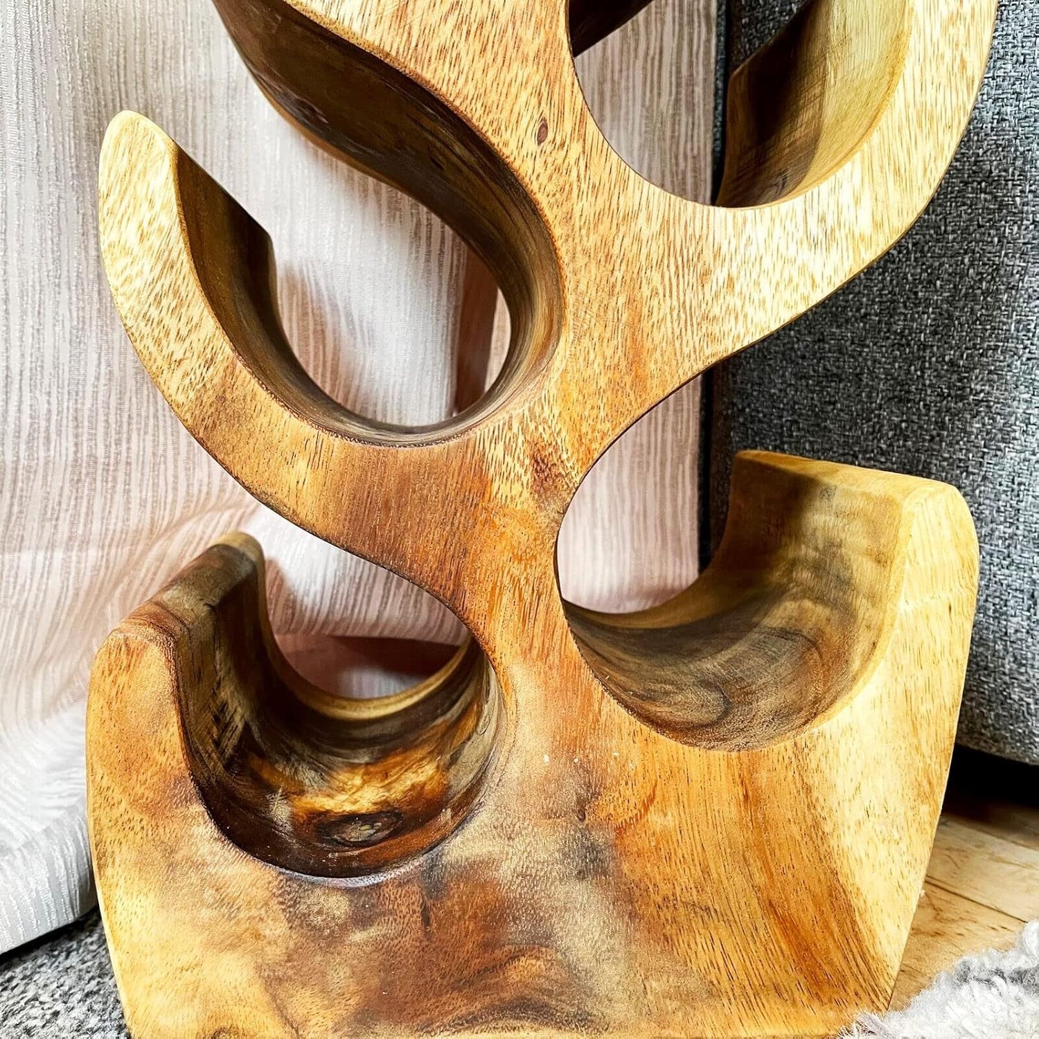 Rustic Teak Wood Wine Rack Tree Design Holds 8 Bottles Floor Standing 106cm