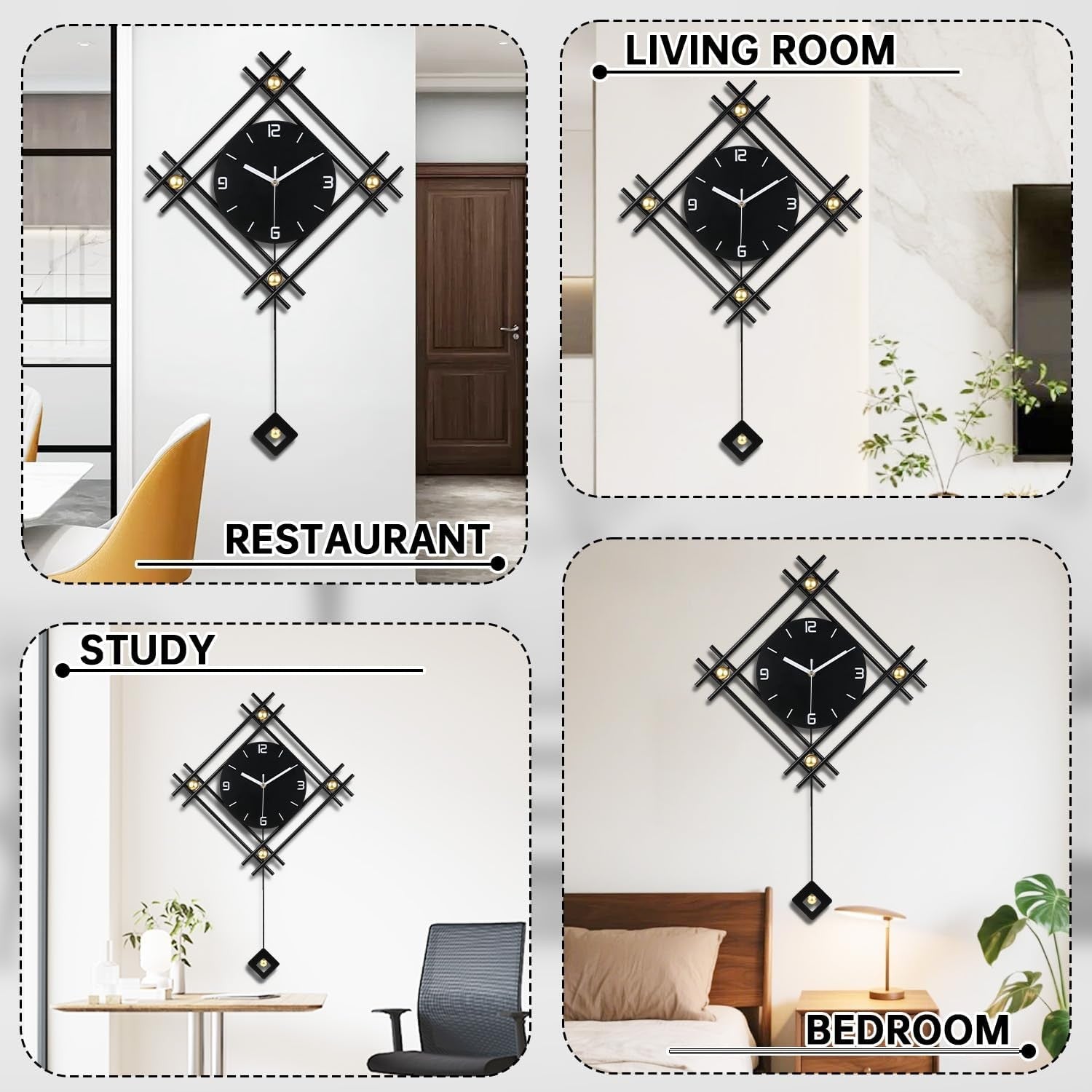 Modern Black Minimalist Pendulum Wall Clock – Silent Large Metal Decor 66×47cm