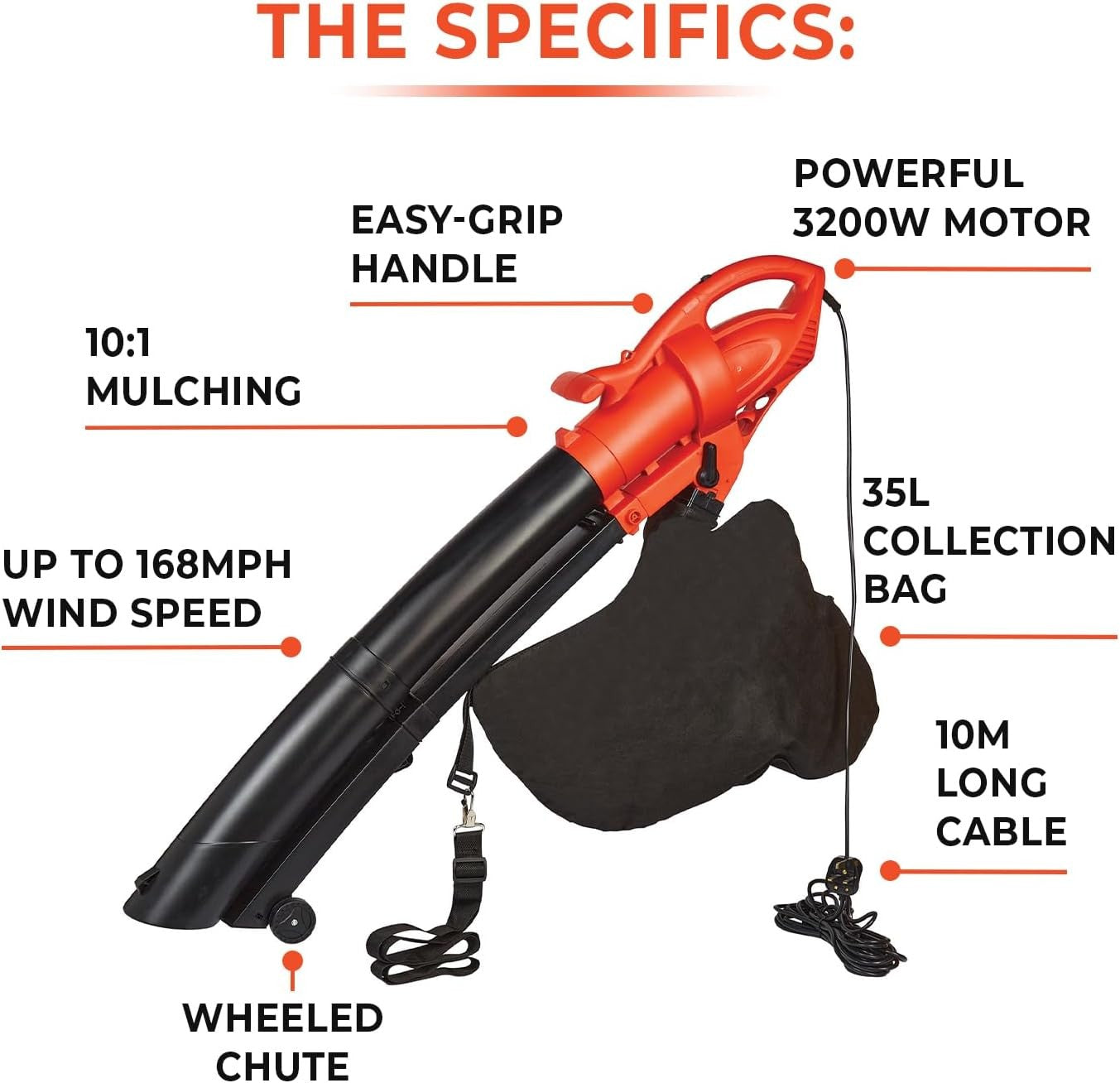 3200W Electric Leaf Blower Vacuum Mulcher 3-in-1 35L Bag High Power