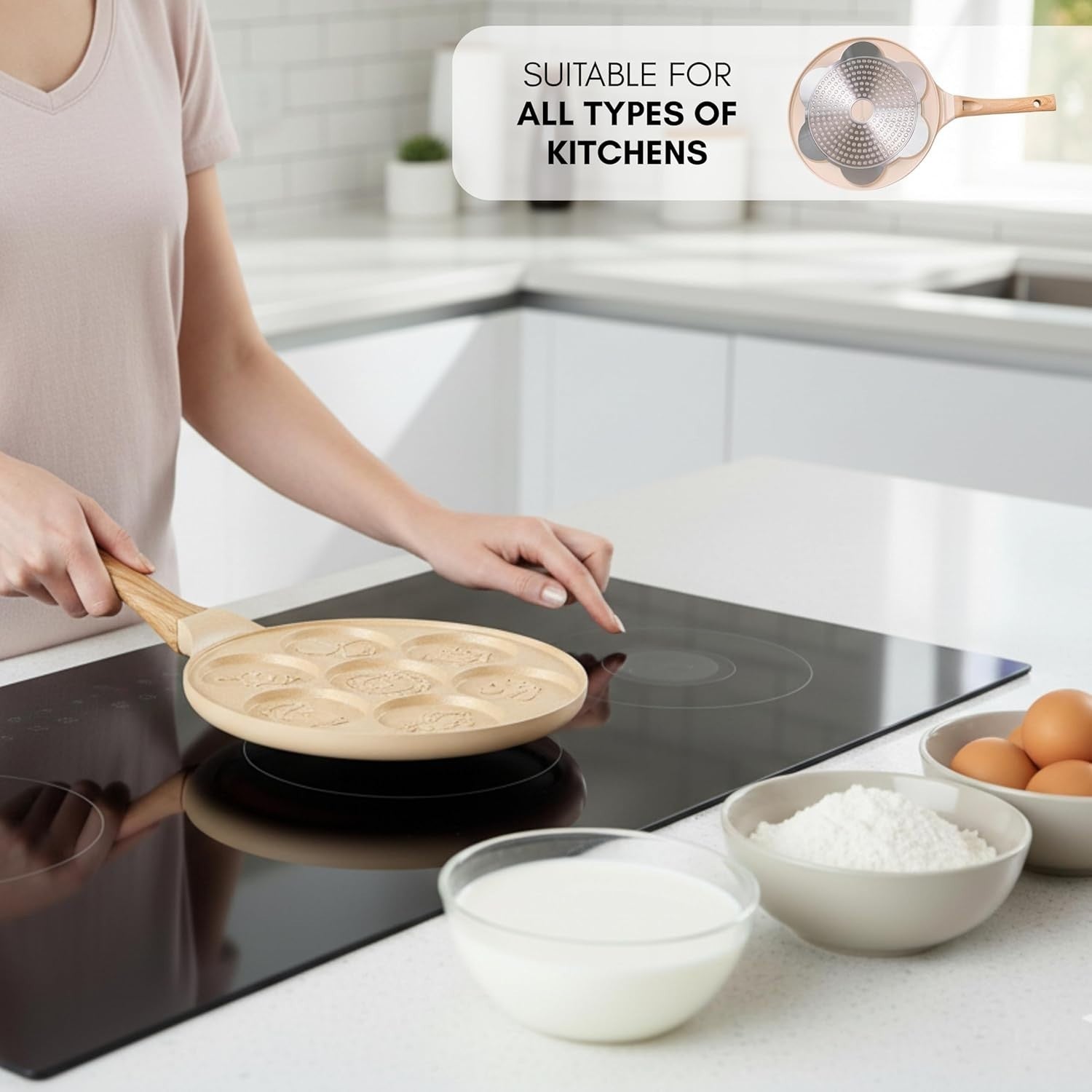 Beige 7 Smiley Pancake Pan 26cm Non-Stick Crepe Maker Induction Gas Safe