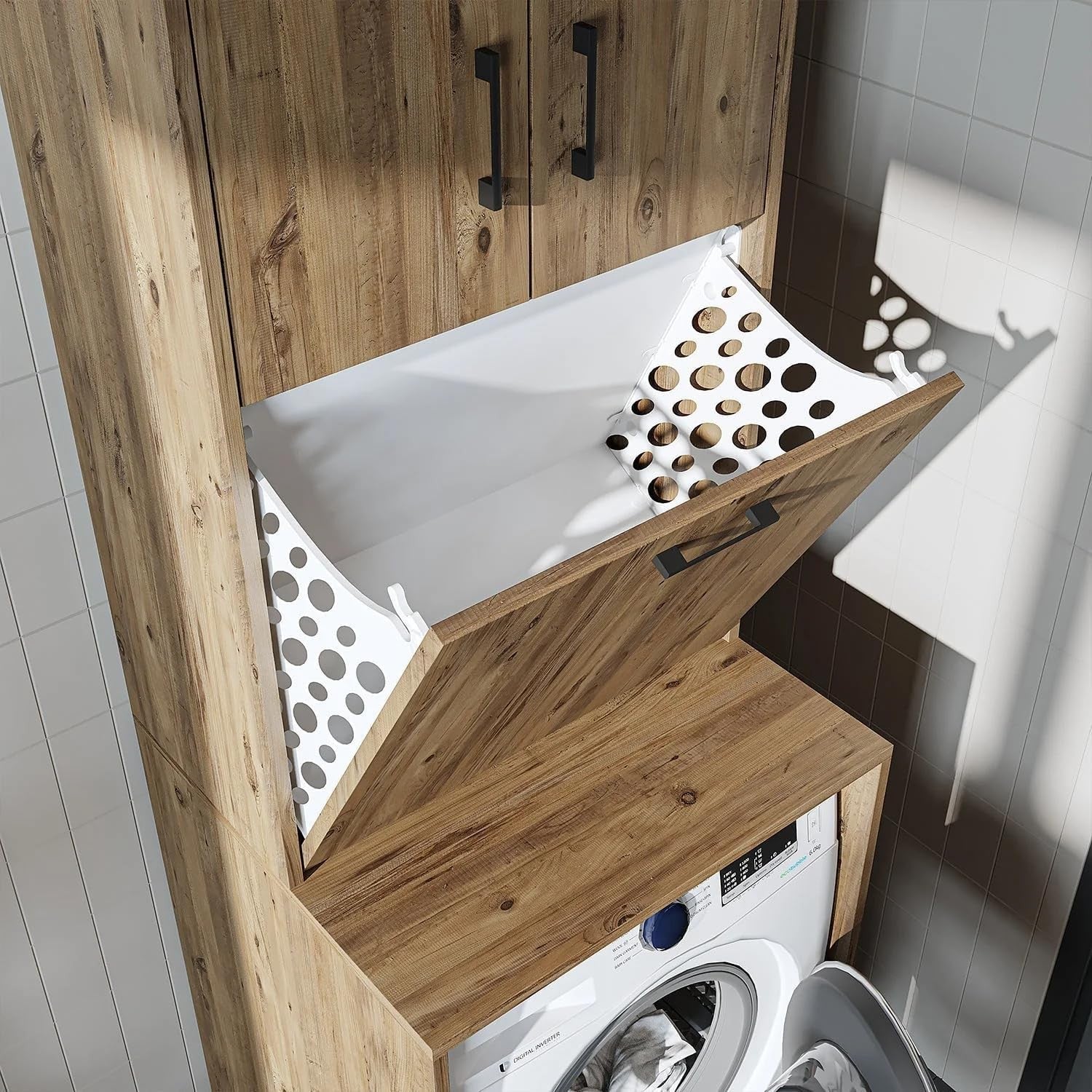 Luna Washing Machine Cabinet, Premium Melamine Coated Panels, White-Oak, 180.5cm