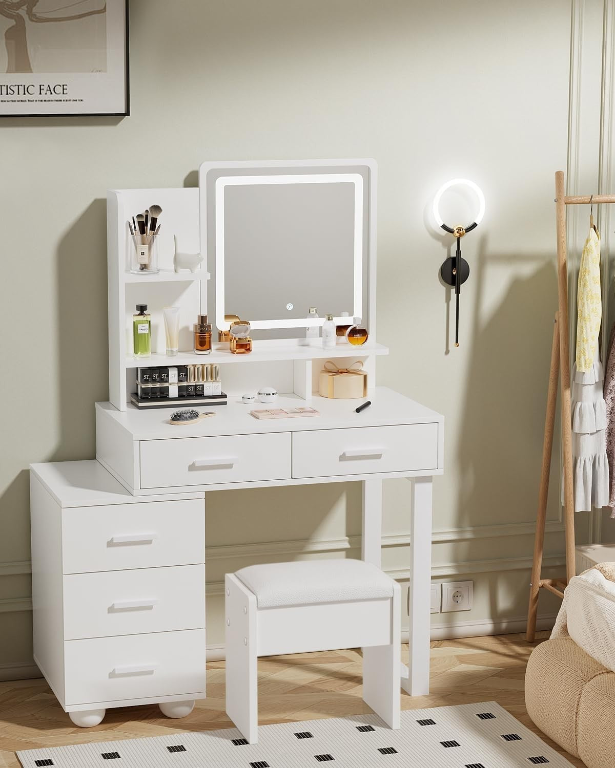 White Dressing Table LED Mirror 5 Drawers Flexible Vanity Desk Makeup Storage