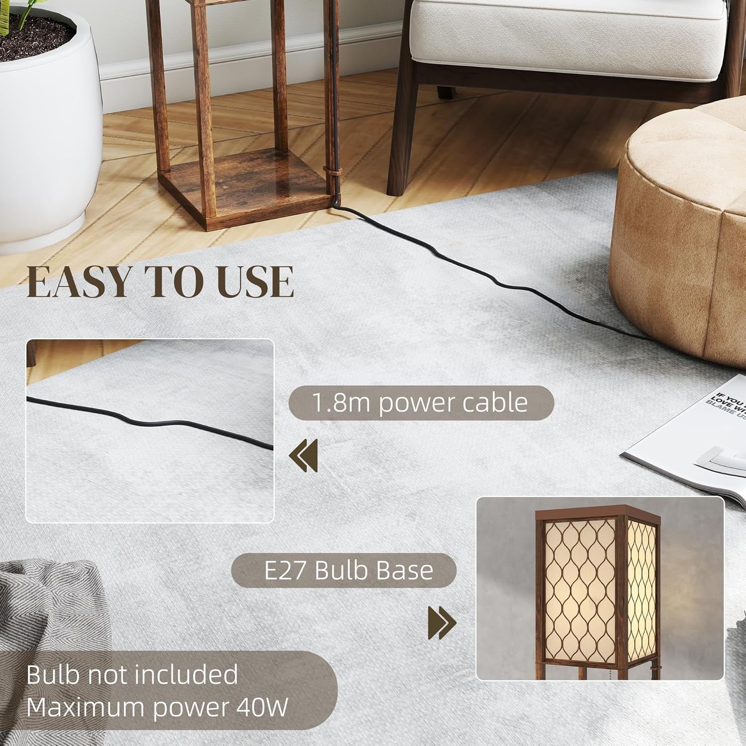 Floor Lamp with Shelves Tall Standing Light Fabric Shade Rustic Storage Unit