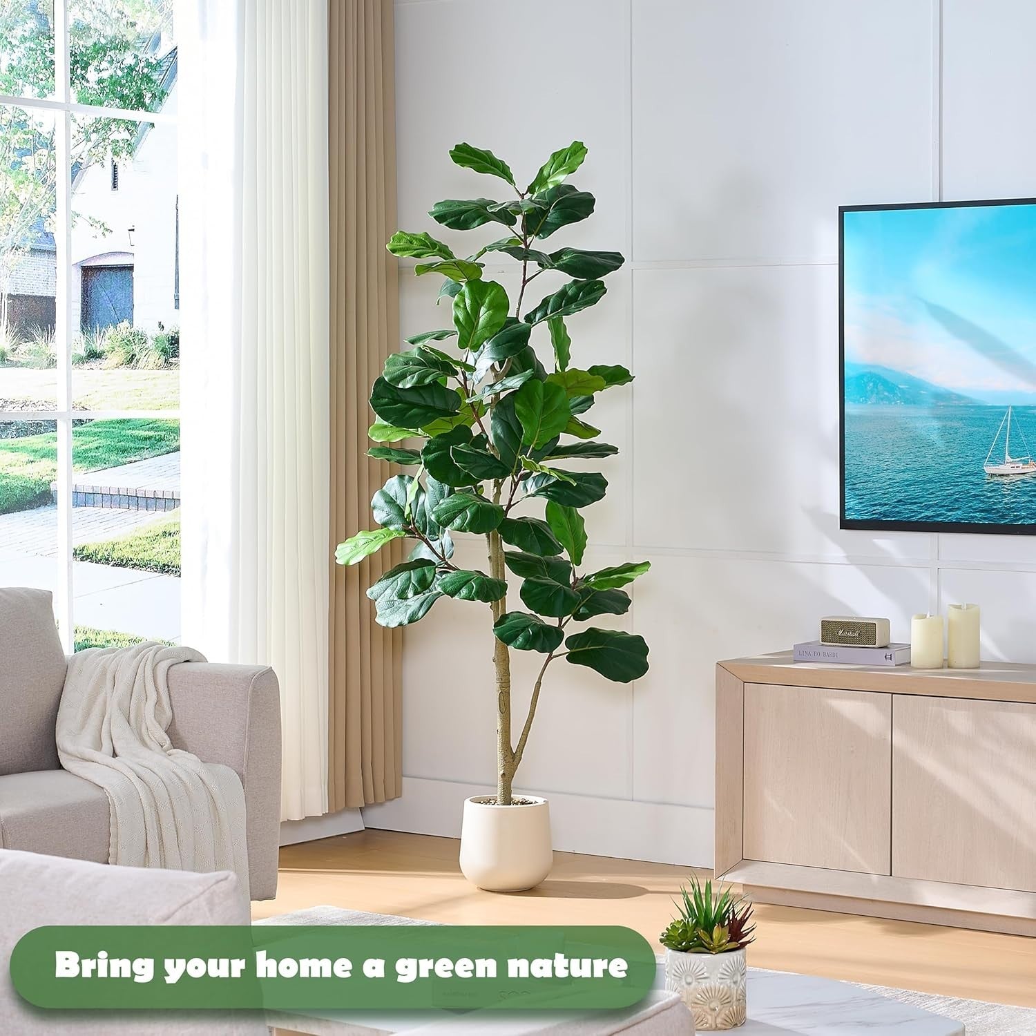 210cm Artificial Fiddle Leaf Fig Tree in Weighted Pot Faux Green Indoor Decor