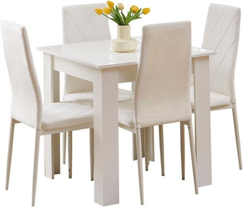 Modern White Square Dining Table & 2 Velvet Chairs - Space Saving Design