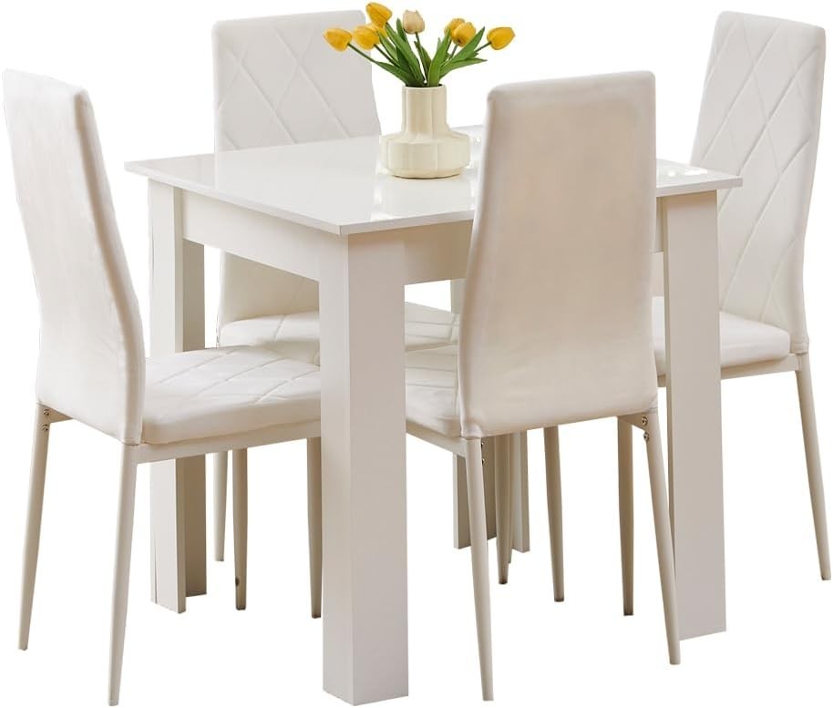 Modern White Square Dining Table & 2 Velvet Chairs - Space Saving Design