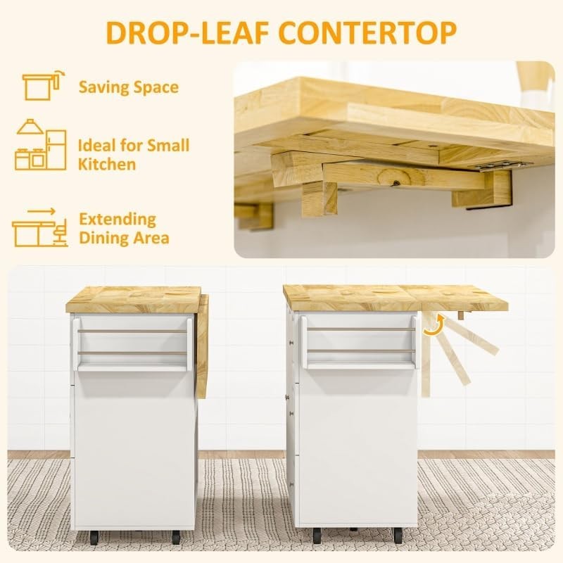 Kitchen Island Trolley on Wheels Expandable Top Drawer Cabinet White