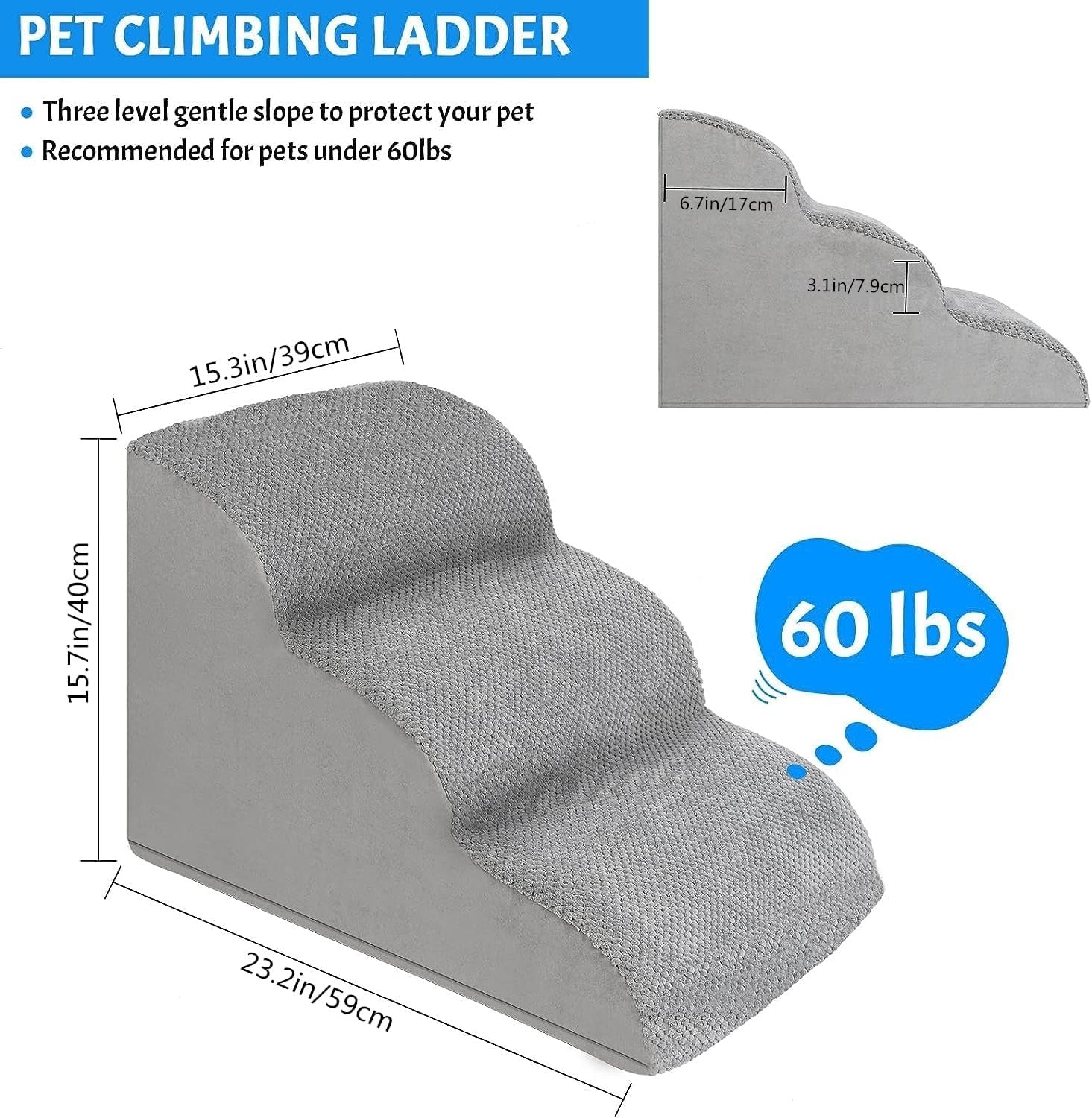 3 Step Dog Ramp Stairs for Bed Sofa High Density Foam