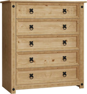 5 Drawer Solid Pine Chest | Rustic Wax Finish | Wooden Bedroom Storage
