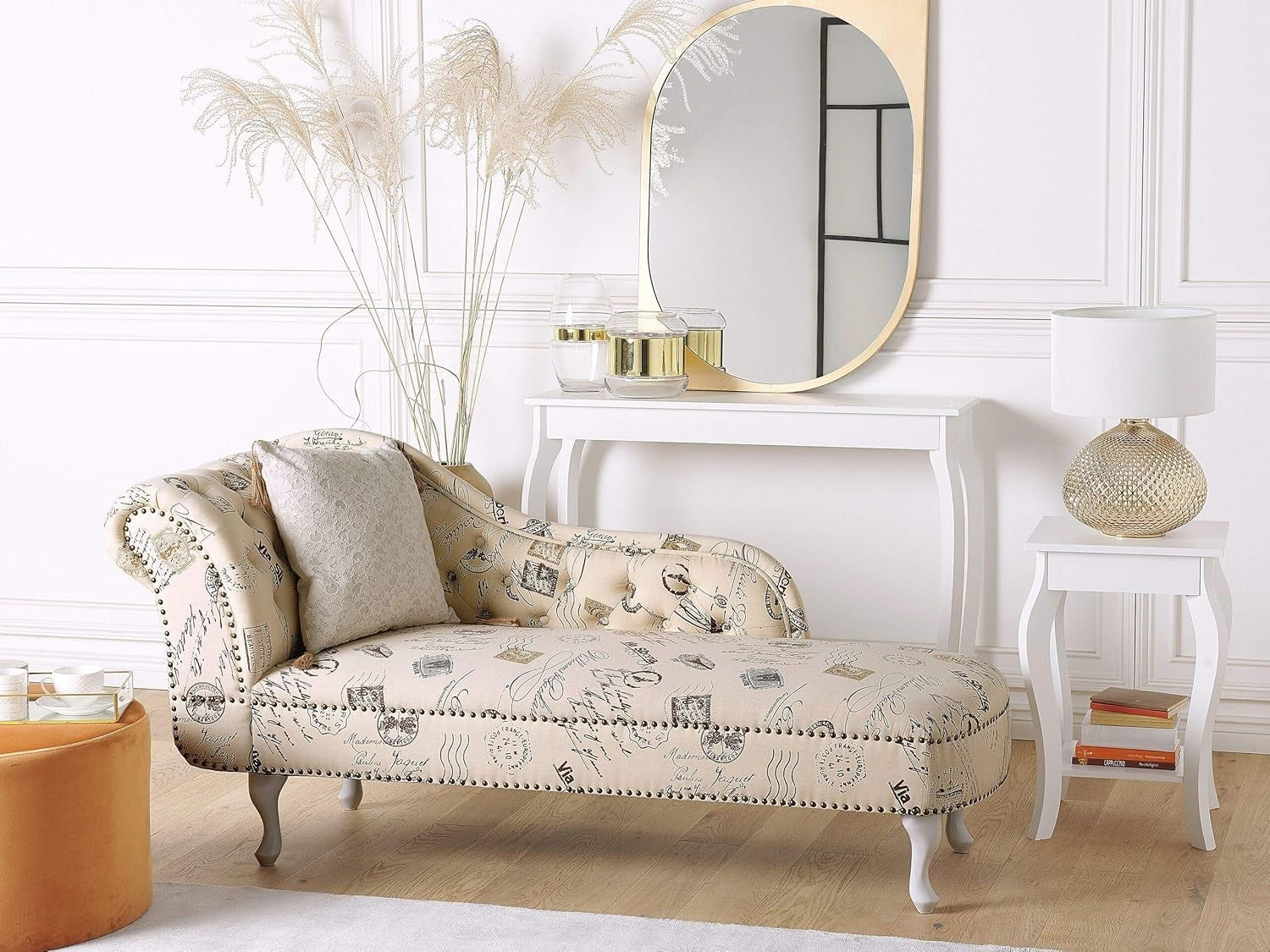 Vintage Left Hand Chaise Lounge Stamp Print Sofa Tufted Back Ergonomic Seat
