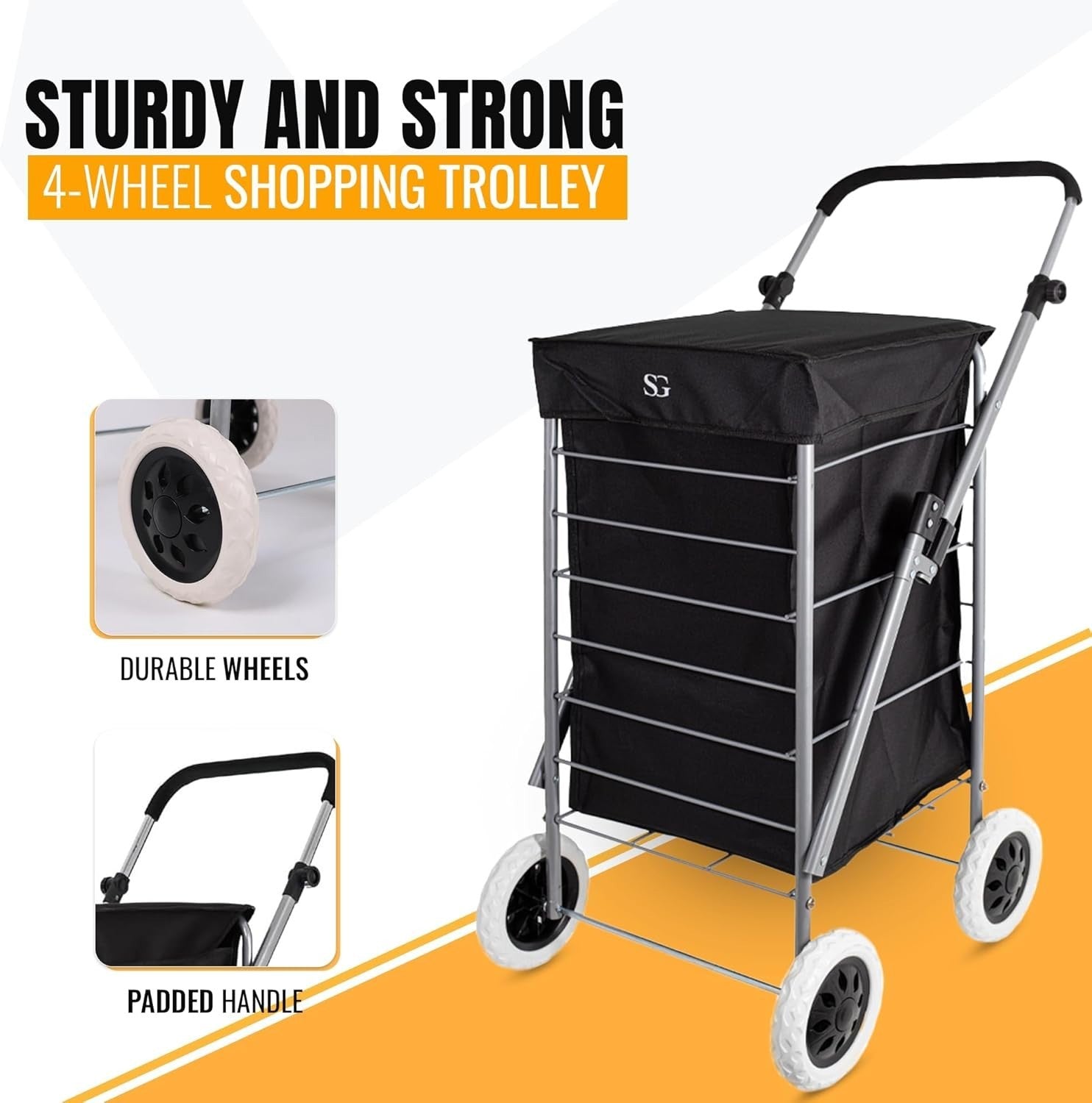 Foldable 4-Wheel Shopping Trolley Cart with Removable Bag - Heavy Duty