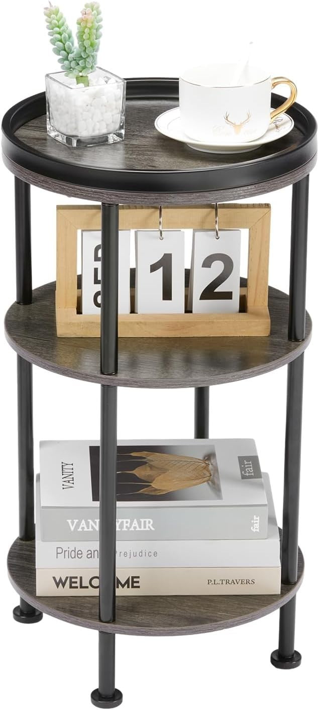 3 Tier Round Side Table with Storage Shelf Metal Frame Small Space Grey 30x55