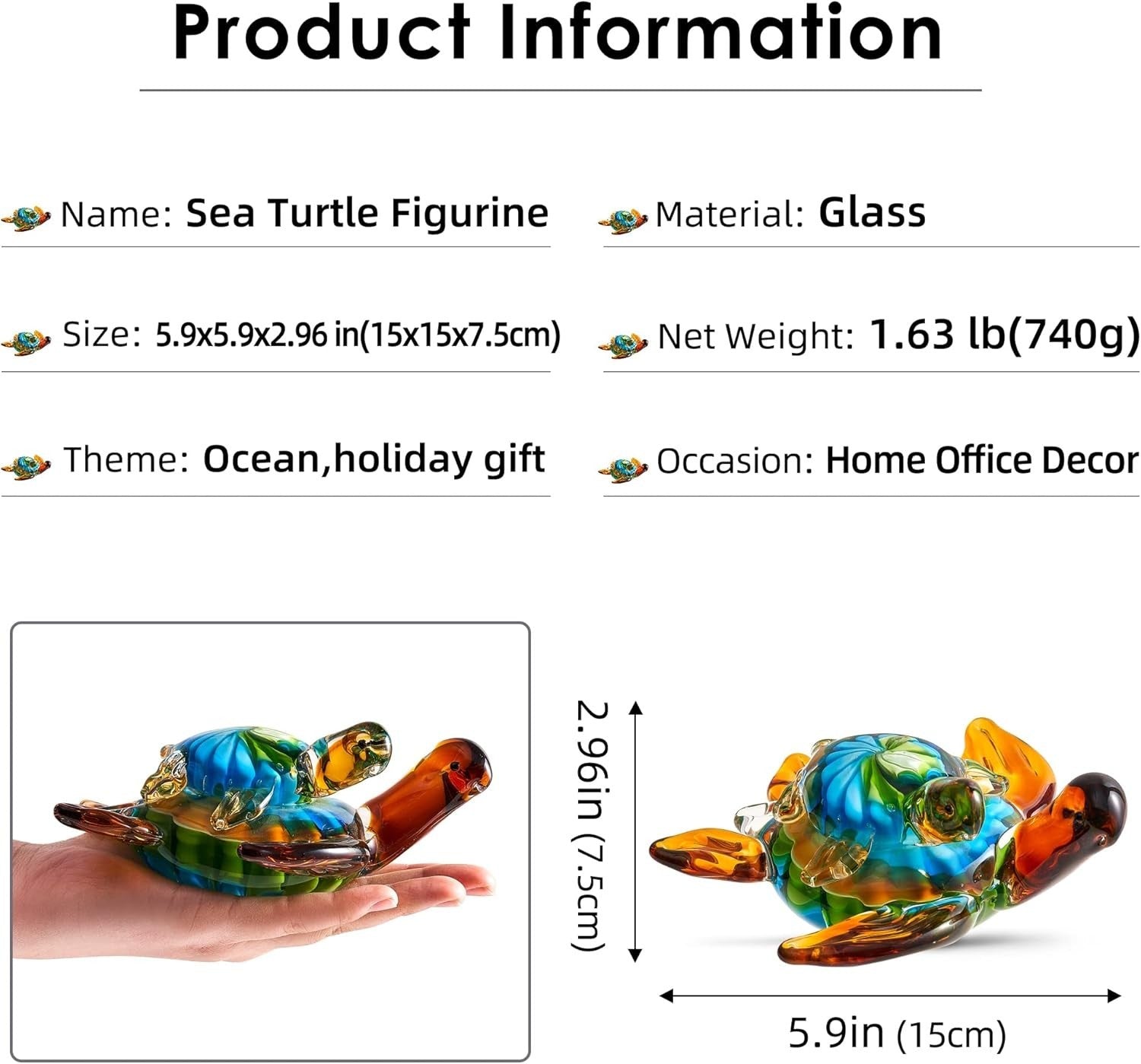 Hand Blown Glass Sea Turtle Figurine • Colourful Ocean Ornament • Art Glass Home