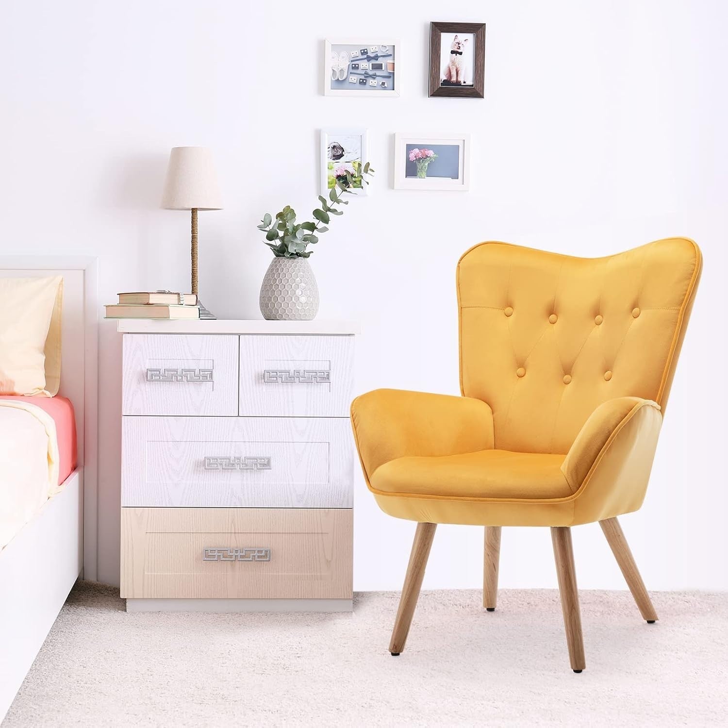 Yellow Velvet Armchair with Footstool, Comfy Reading Lounge Chair Set