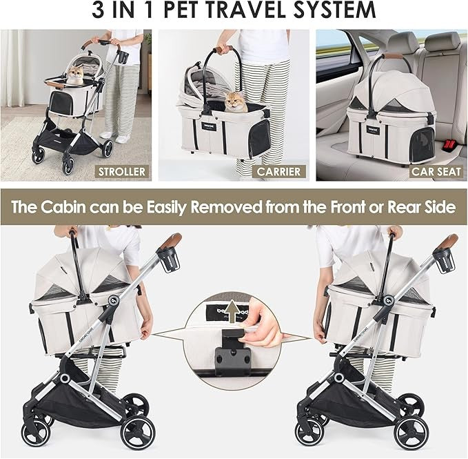 3-in-1 Pet Stroller Detachable Carrier Foldable Pushchair for Small Dogs Cats