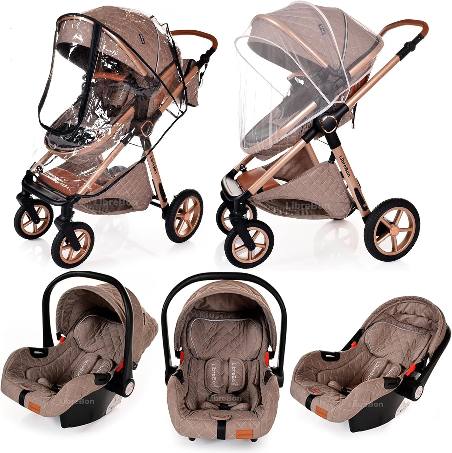 3in1 Baby Pram Travel System Pushchair Car Seat Foldable Beige