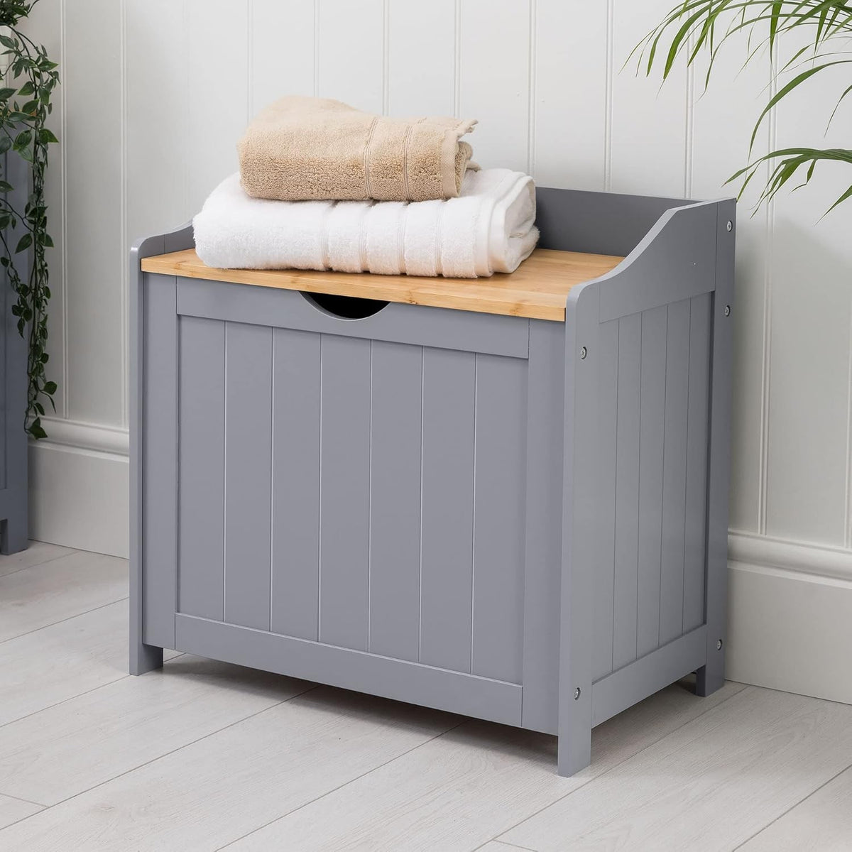 Bathroom Laundry Bin Cabinet Wooden Storage Box with Lift Lid Grey Bamboo