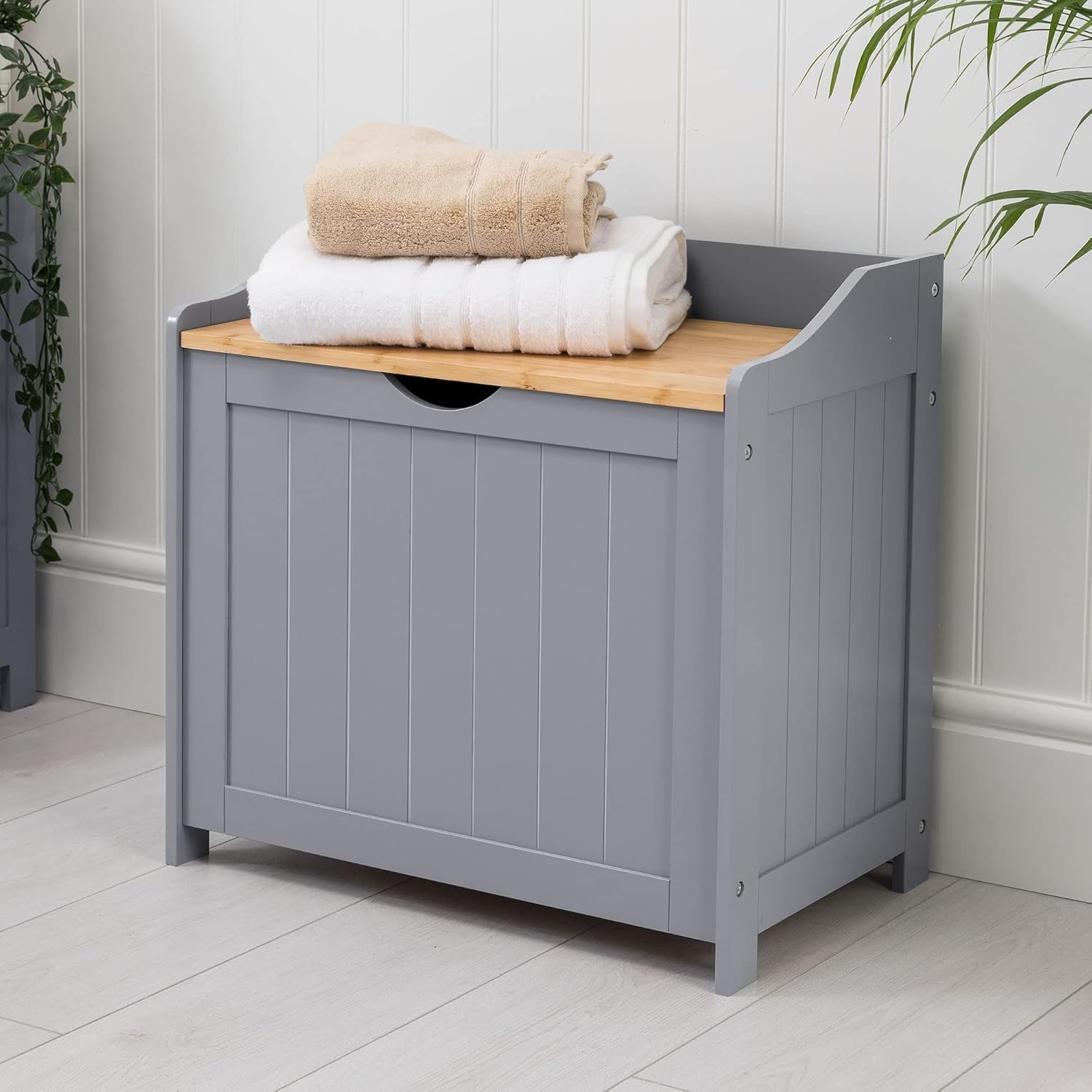Bathroom Laundry Bin Cabinet Wooden Storage Box with Lift Lid Grey Bamboo
