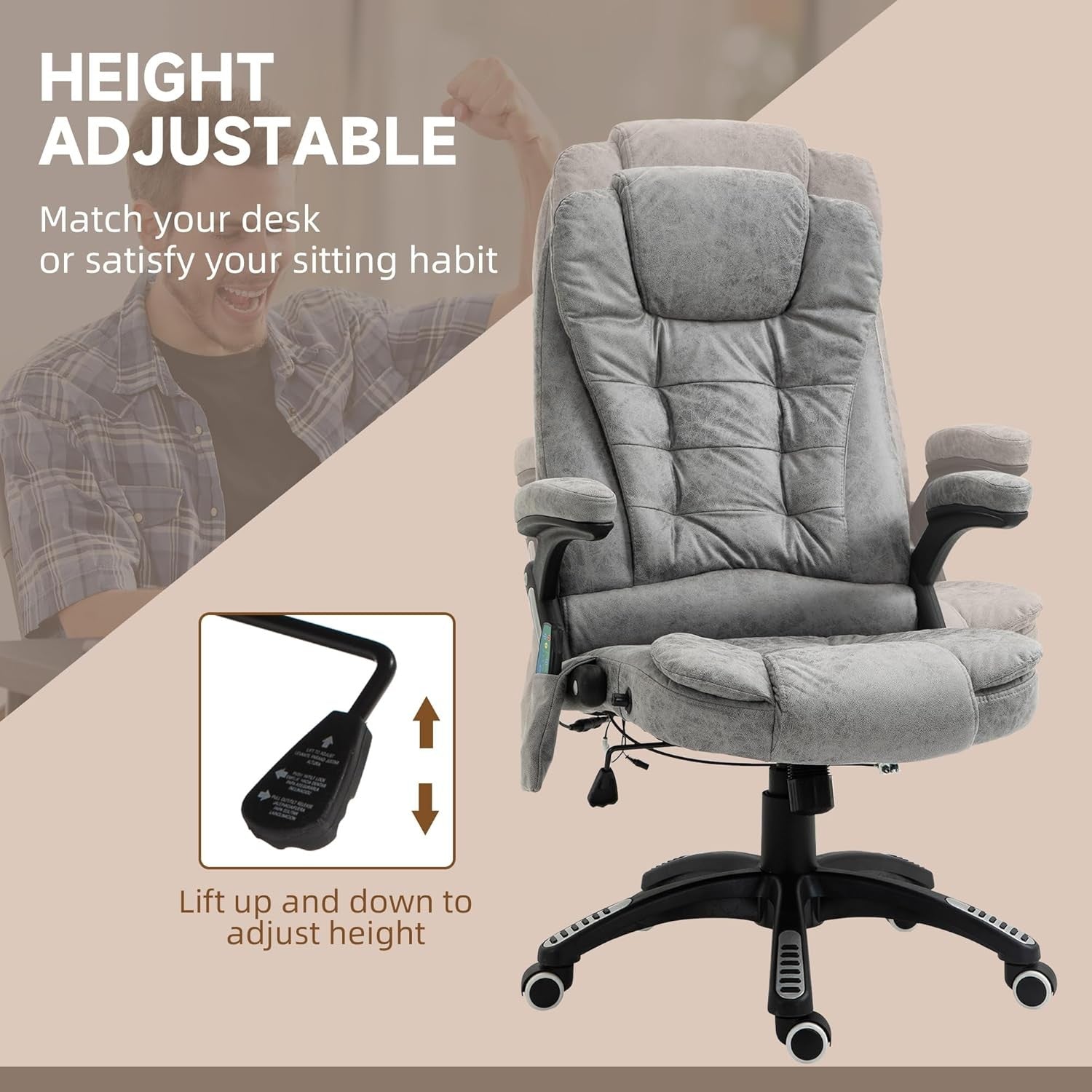 Heated Massage Office Chair 6 Point High Back Microfiber Grey