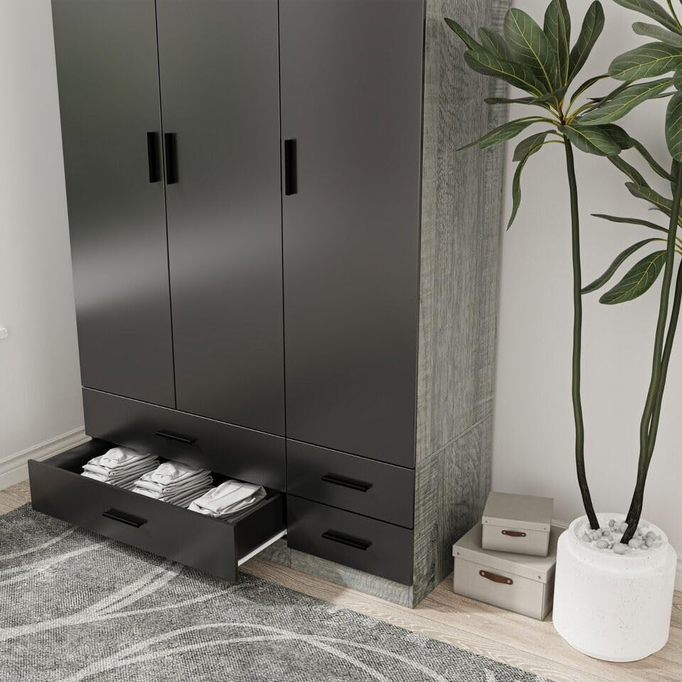 3 Door 4 Drawer Wardrobe Hanging Rail Storage Grey & Black Bedroom Unit