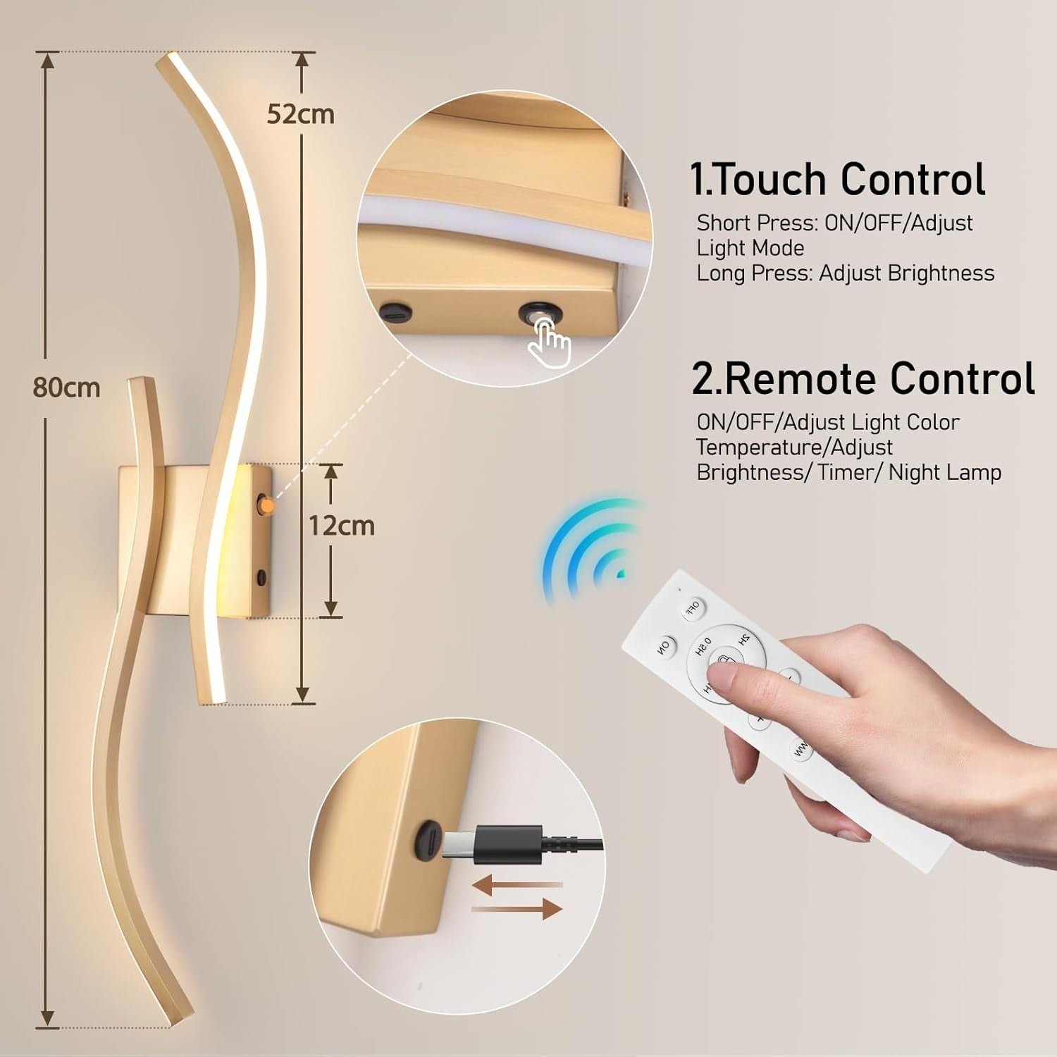 LED Rechargeable Wall Sconces 2-Pack, 3000K-6000K, Remote Control, 80cm