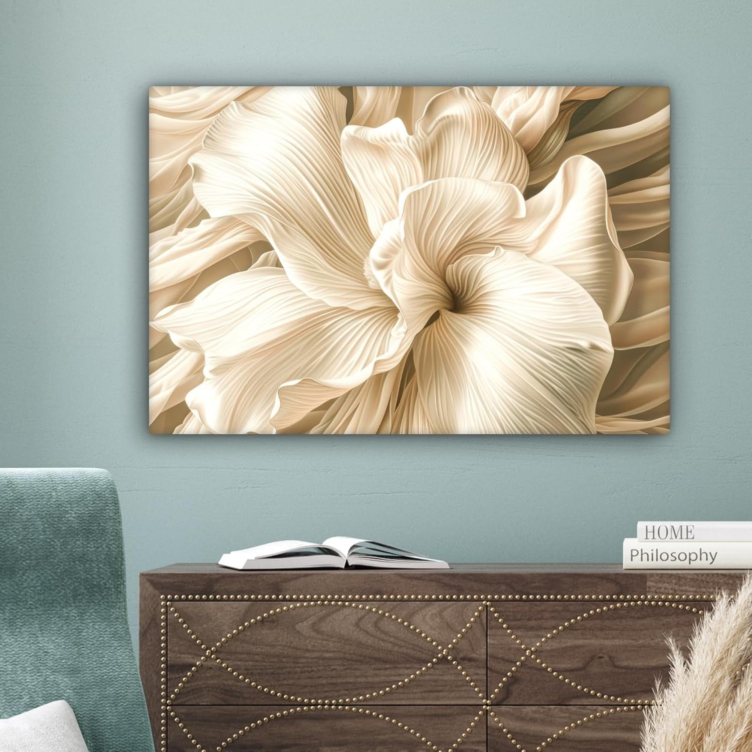 Beige Flower Canvas Wall Art 60x40cm Framed Modern Floral