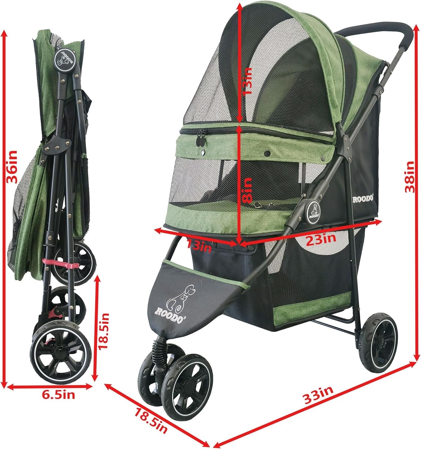 3 Wheel Pet Stroller Jogger Folding Lightweight Dogs Cats Green