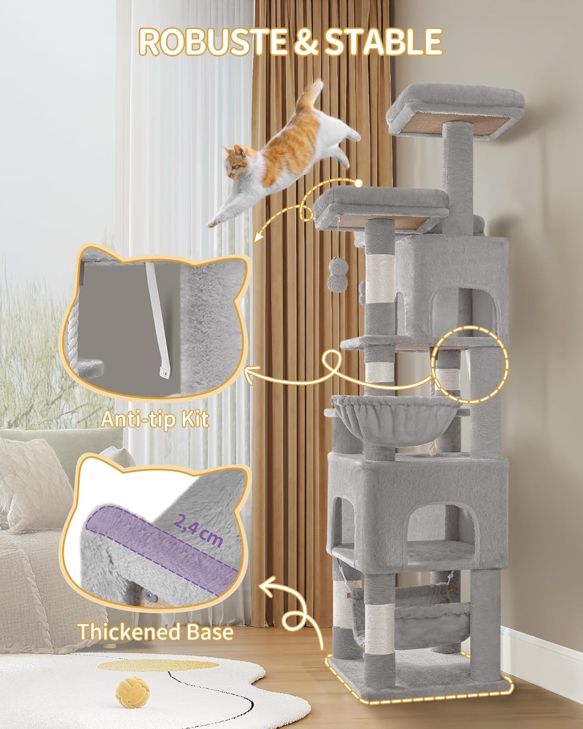 Large Cat Tree 176cm Multi-Level Tower with Condos Hammock Posts