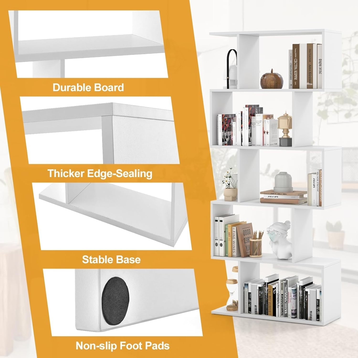 S Shaped 5 Tier Wooden Bookcase Freestanding Display Storage Shelf White