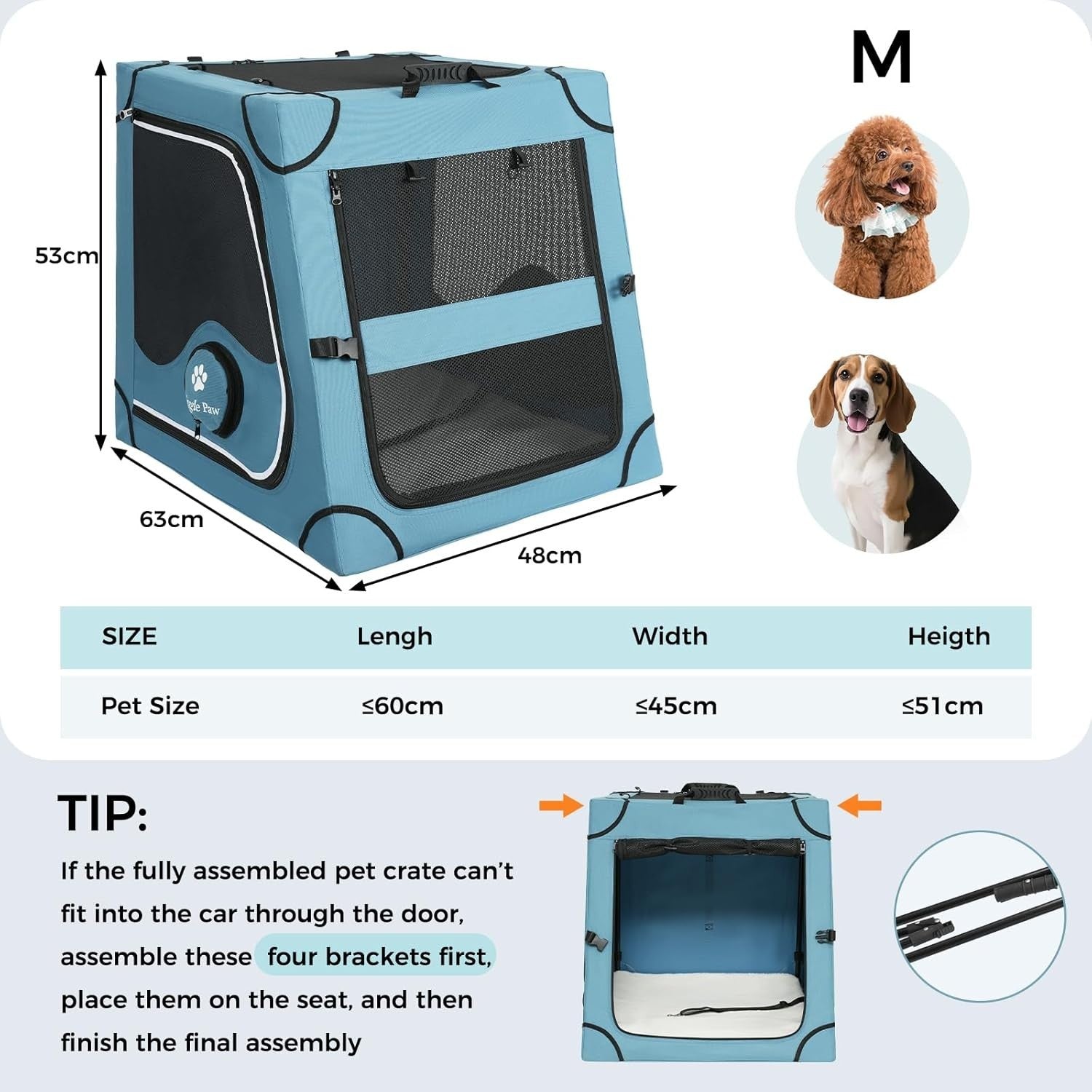 Portable Dog Crate for Car Travel Metal Frame Pet Carrier Foldable