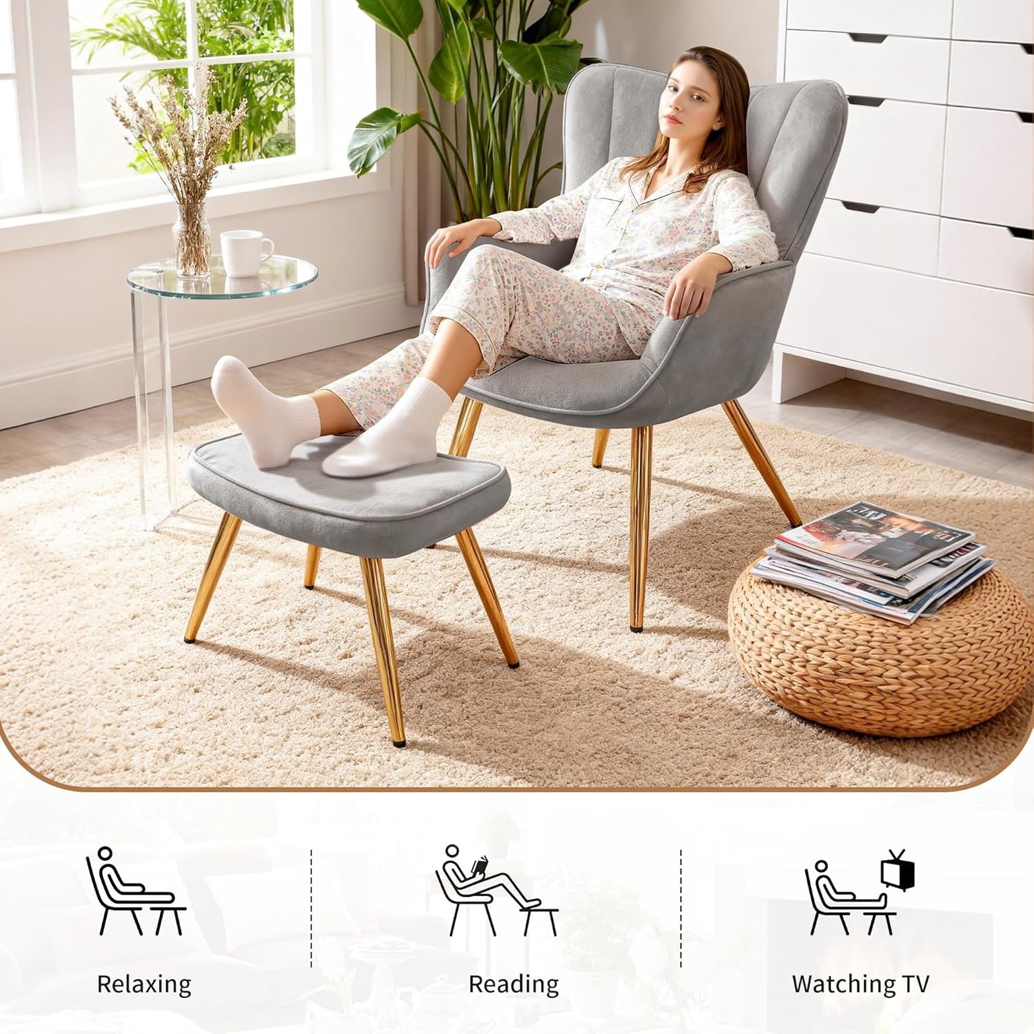 Wing Back Accent Armchair with Footstool Modern Lounge Chair Grey