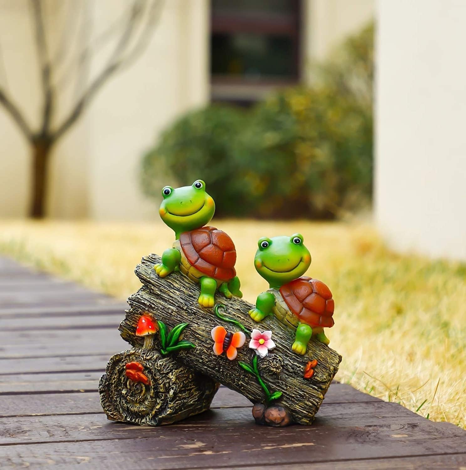 Solar Tortoise Garden Ornament Log Resin Statue LED Glow Outdoor Yard Decor Gift